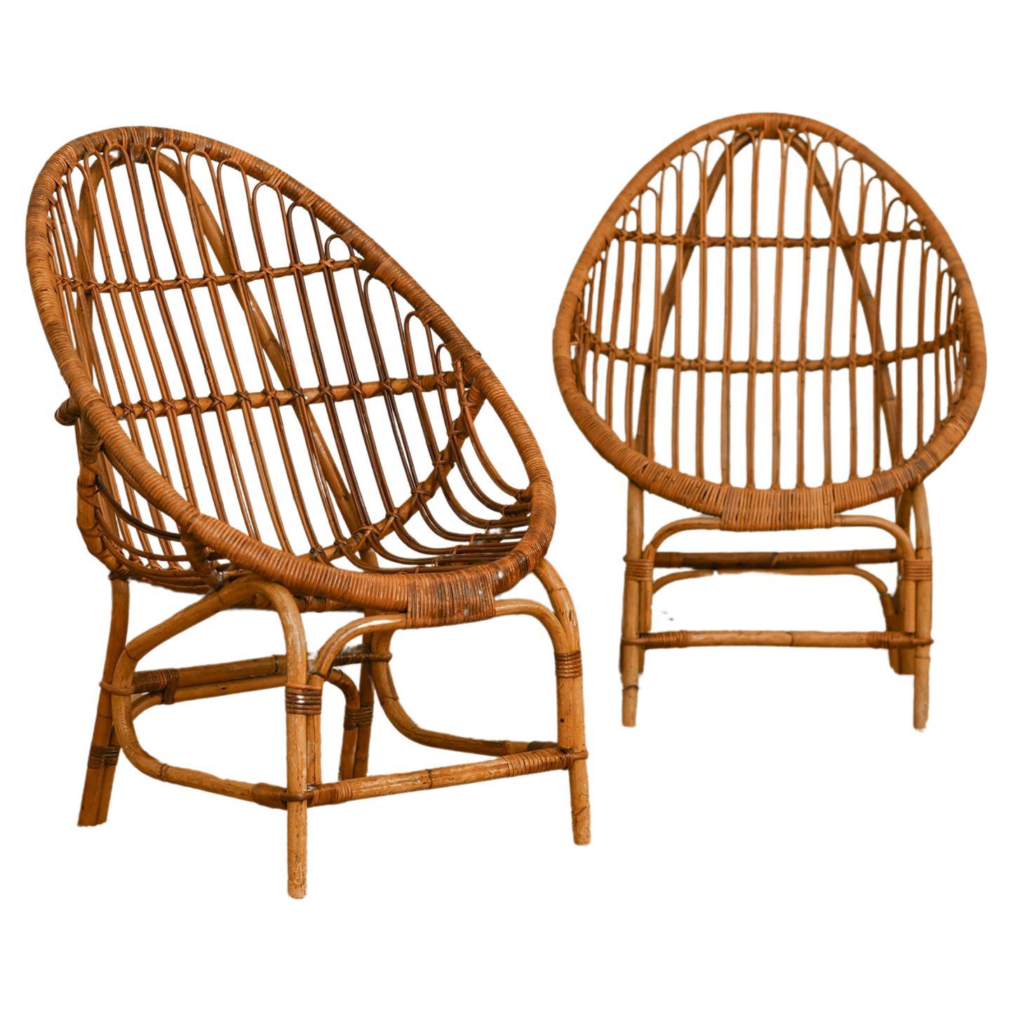 Pair of Pod Chairs In Bamboo, Italy 1970