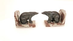 Pair of Polar Bear Antique Cast Metal and Marble Bookends