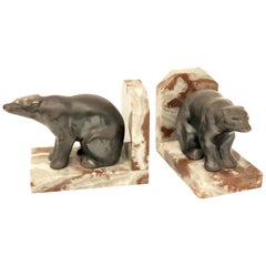 Pair of Polar Bear Antique Cast Metal and Marble Bookends