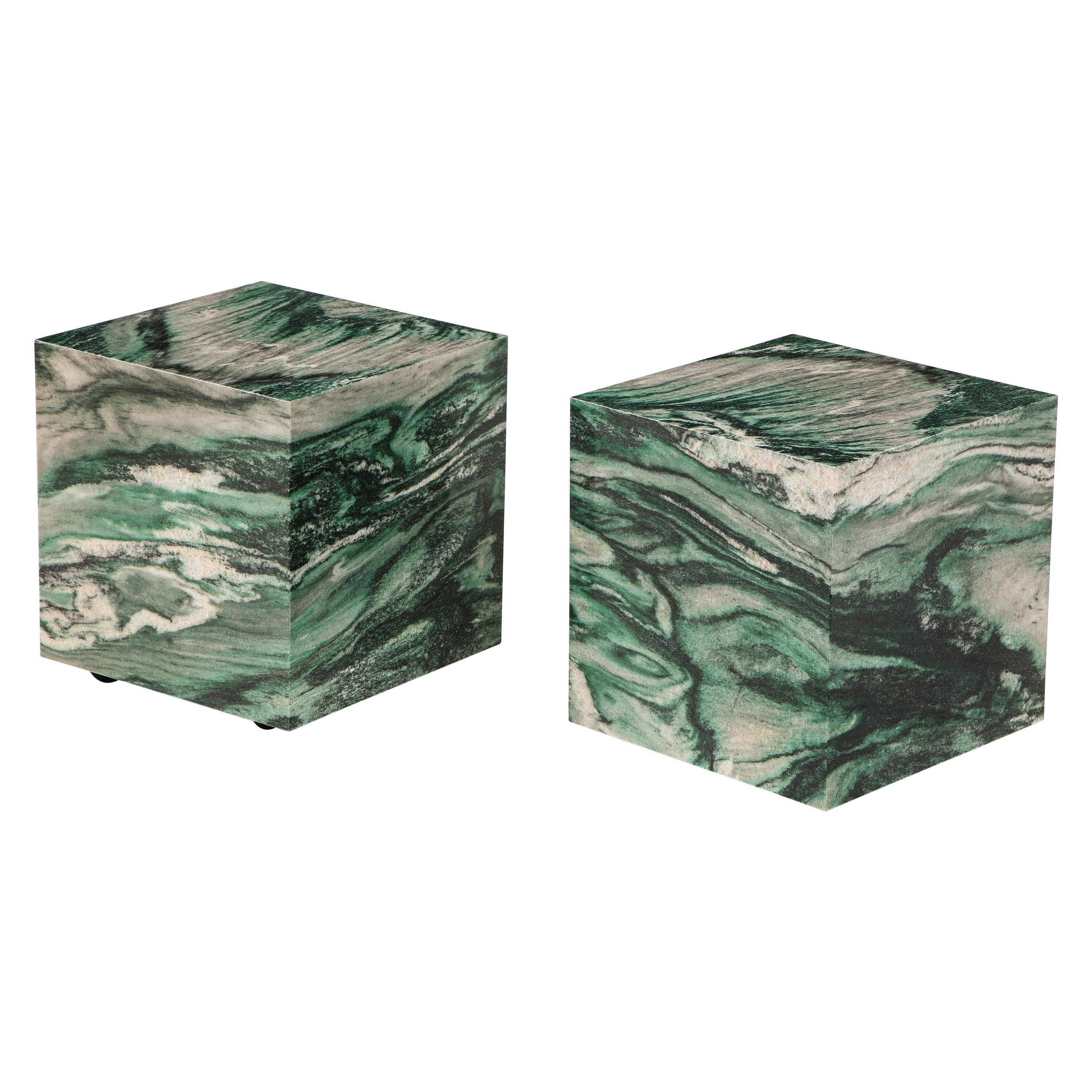 Pair of Polar Verde Marble Cubes or Side Tables