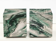 Pair of Polar Verde Marble Cubes or Side Tables