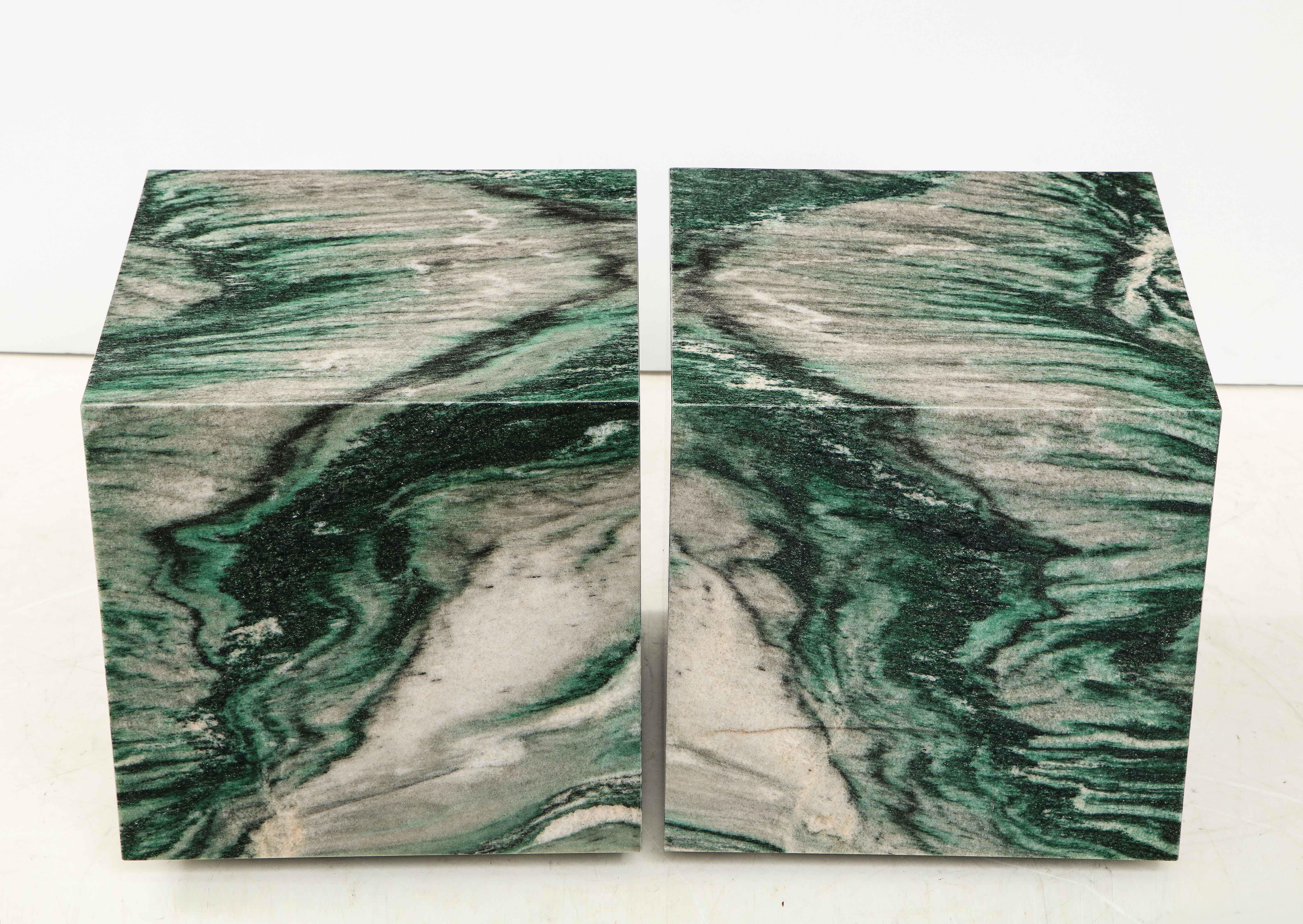 Italian Pair of Polar Verde Marble Cubes or Side Tables