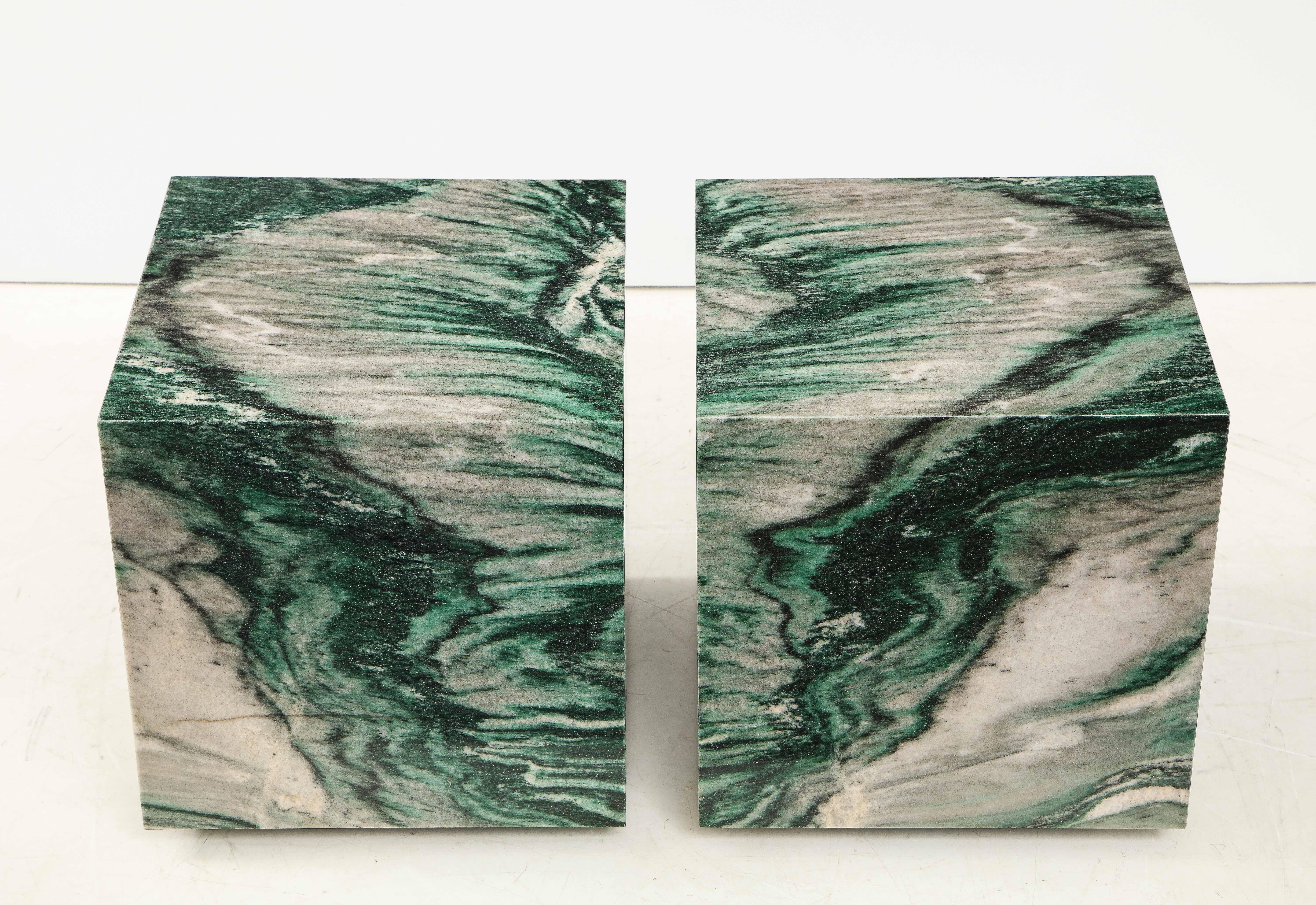 Pair of Polar Verde Marble Cubes or Side Tables In Good Condition In New York, NY