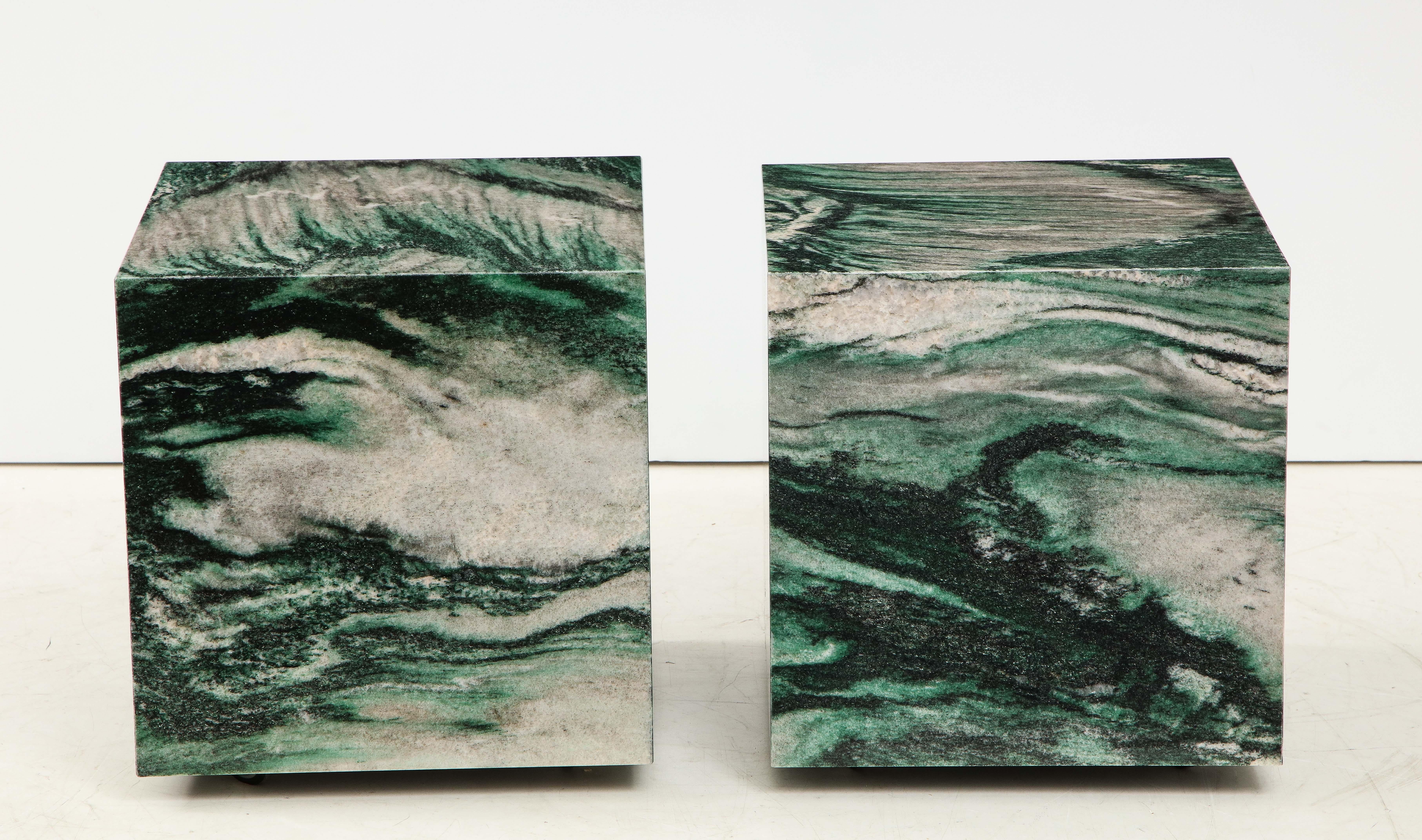Contemporary Pair of Polar Verde Marble Cubes or Side Tables