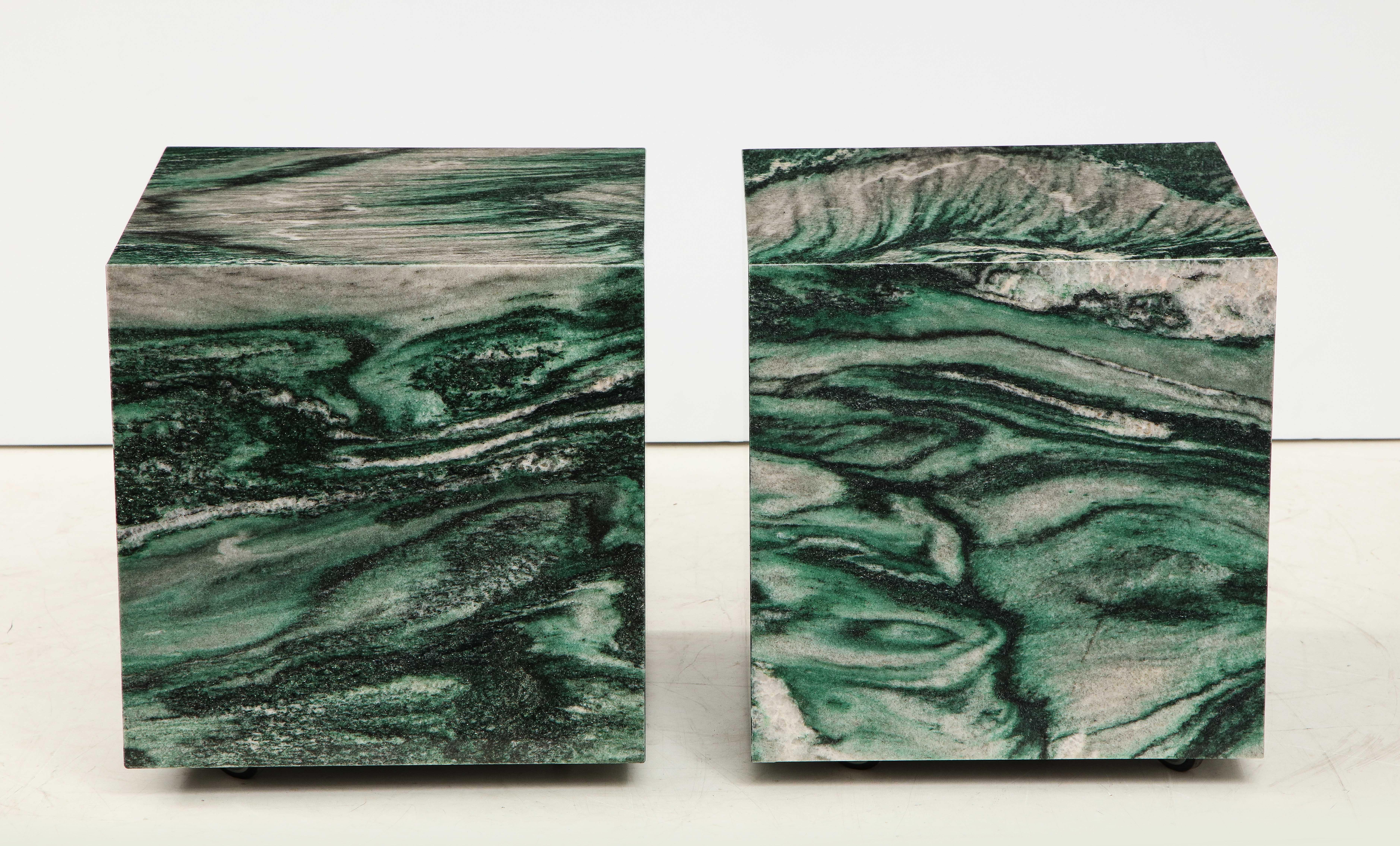 Pair of Polar Verde Marble Cubes or Side Tables 1