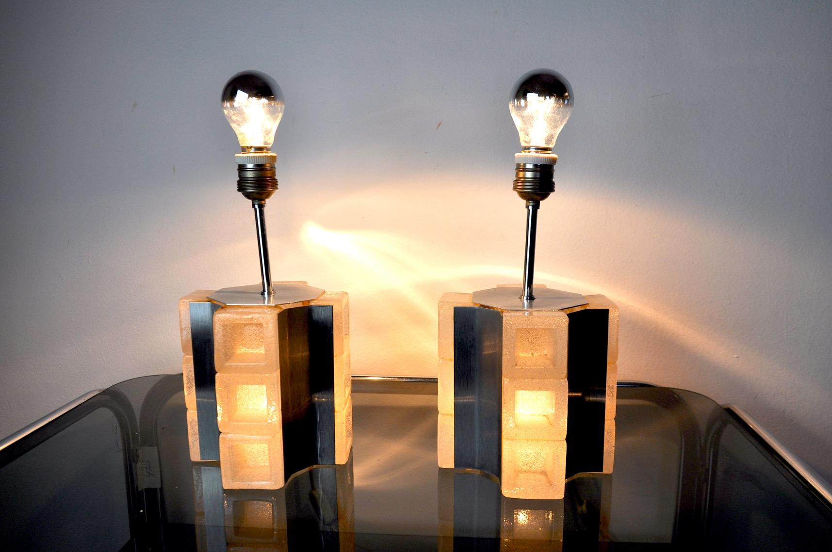 Hollywood Regency Pair of Poliarte Cubic Lamps by Albano Poli, Murano Glass, Italy, 1960 For Sale