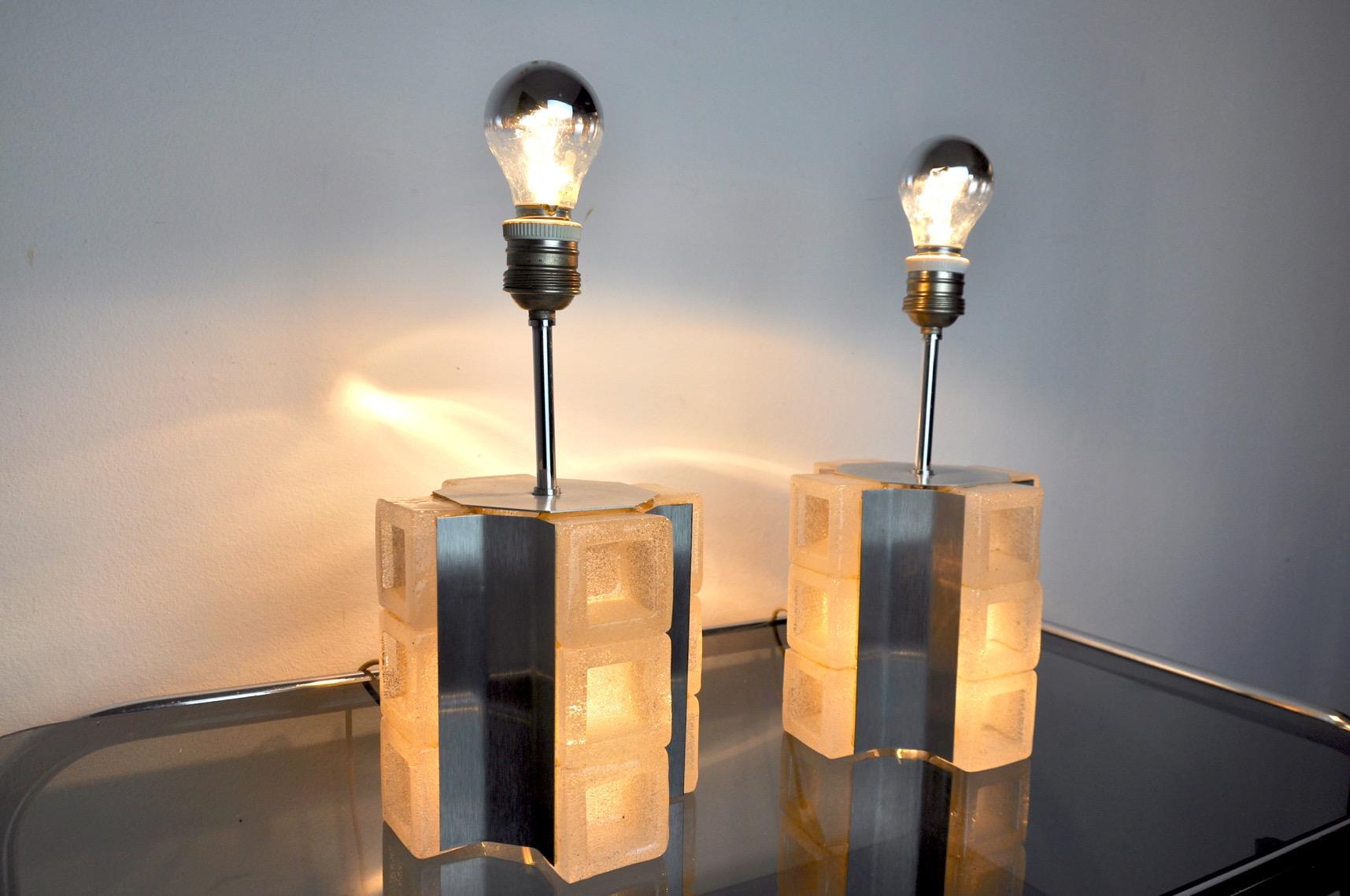 Pair of Poliarte Cubic Lamps by Albano Poli, Murano Glass, Italy, 1960 In Good Condition For Sale In BARCELONA, ES