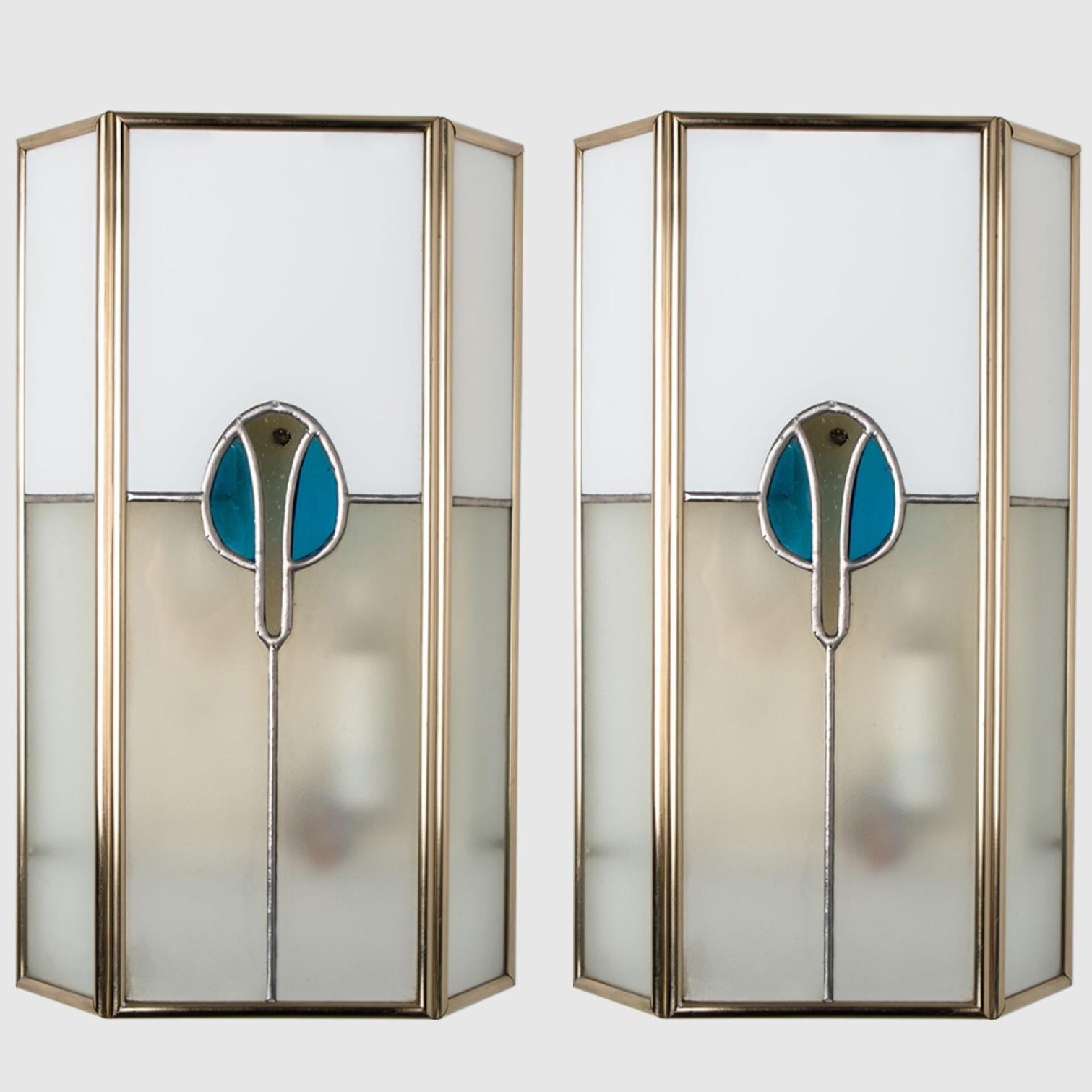 Pair of PoliArte Frosted Stained Glass Silver Blue Wall Light, 1970s For Sale 1