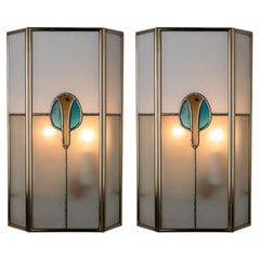 Pair of PoliArte Frosted Stained Glass Silver Blue Wall Light, 1970s