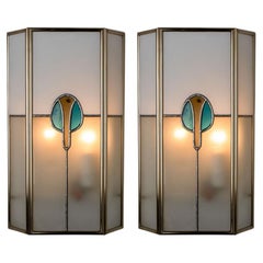 Vintage Pair of PoliArte Frosted Stained Glass Silver Blue Wall Light, 1970s