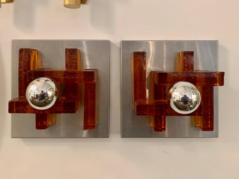 Mid-20th Century Pair of Poliarte Italian Murano Glass 1960s Wall Lights For Sale