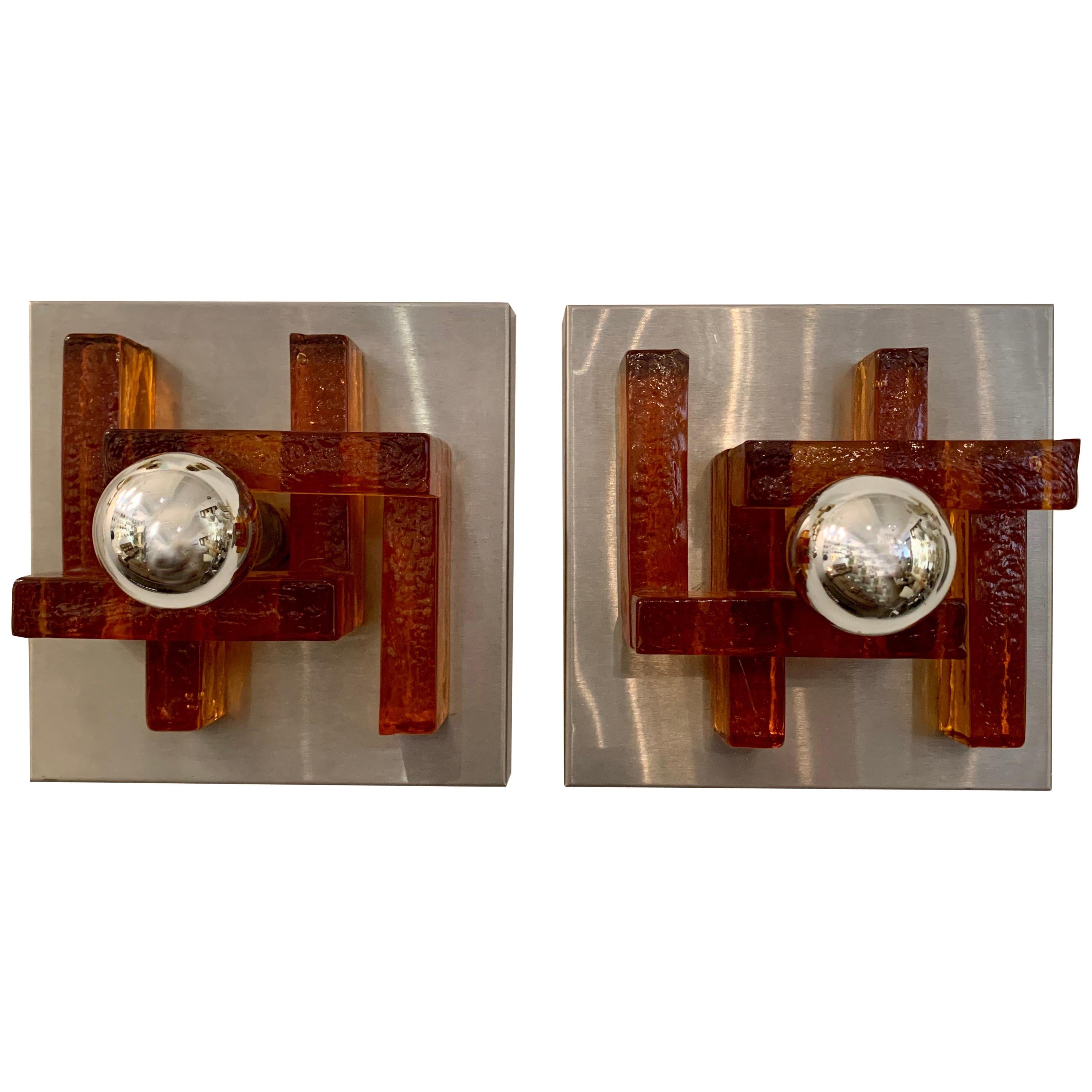 Paar italienische Poliarte-Wandleuchten aus Muranoglas aus den 1960er Jahren