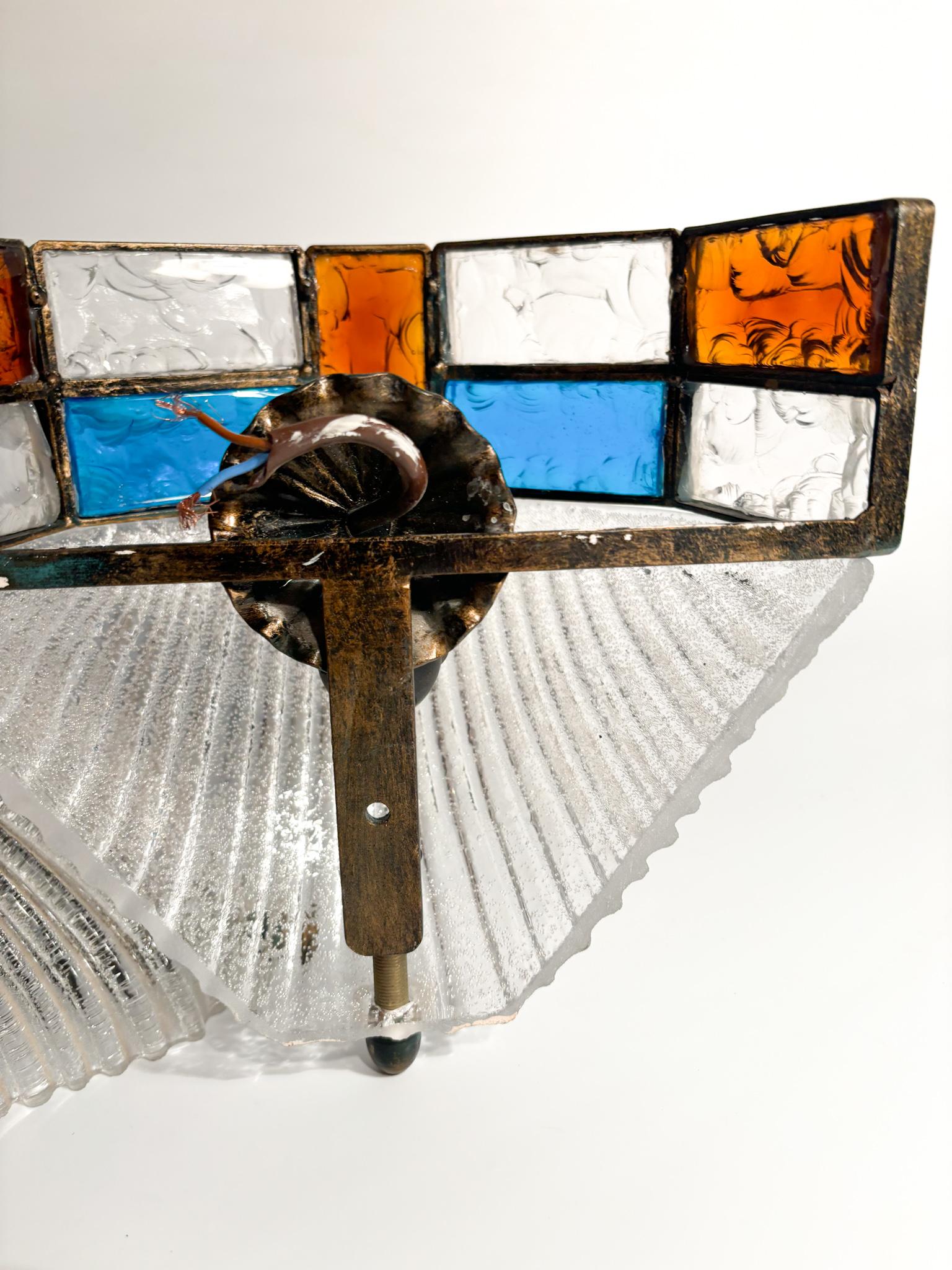 Pair of Poliarte Longobard Wall Lights in Hammered Glass and Wrought Iron 1970s 8