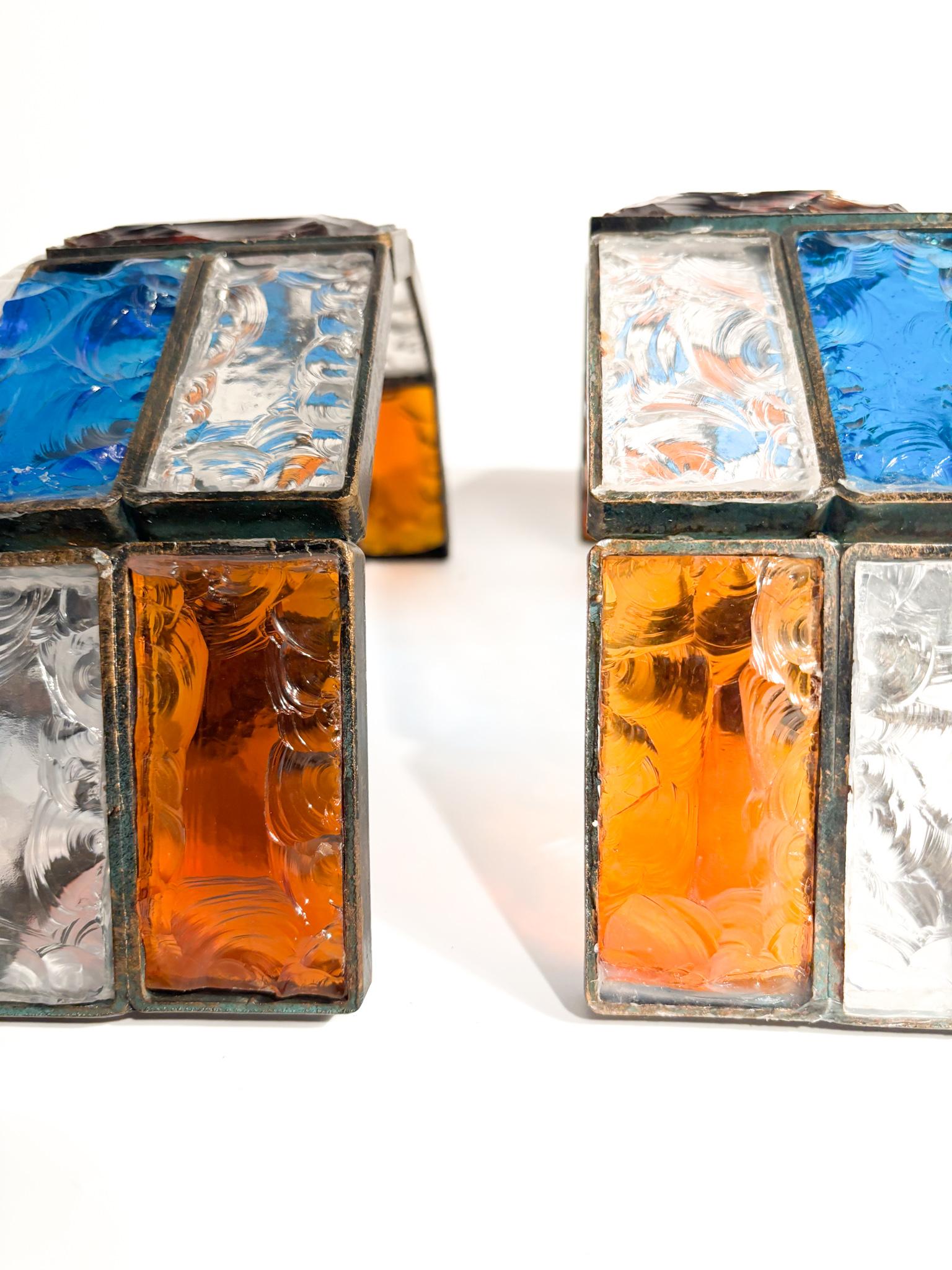 Pair of Poliarte Longobard Wall Lights in Hammered Glass and Wrought Iron 1970s 12