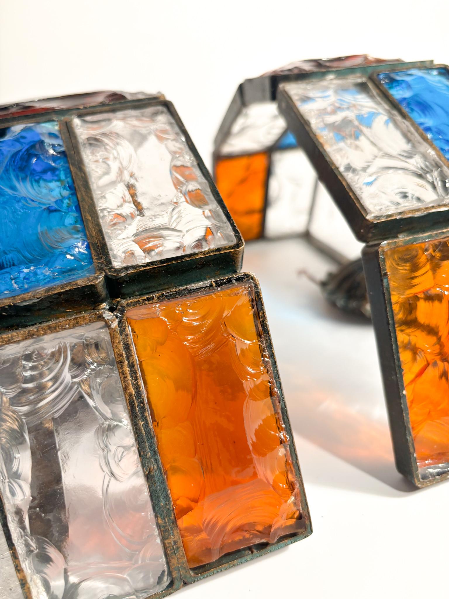 Pair of Poliarte Longobard Wall Lights in Hammered Glass and Wrought Iron 1970s 13
