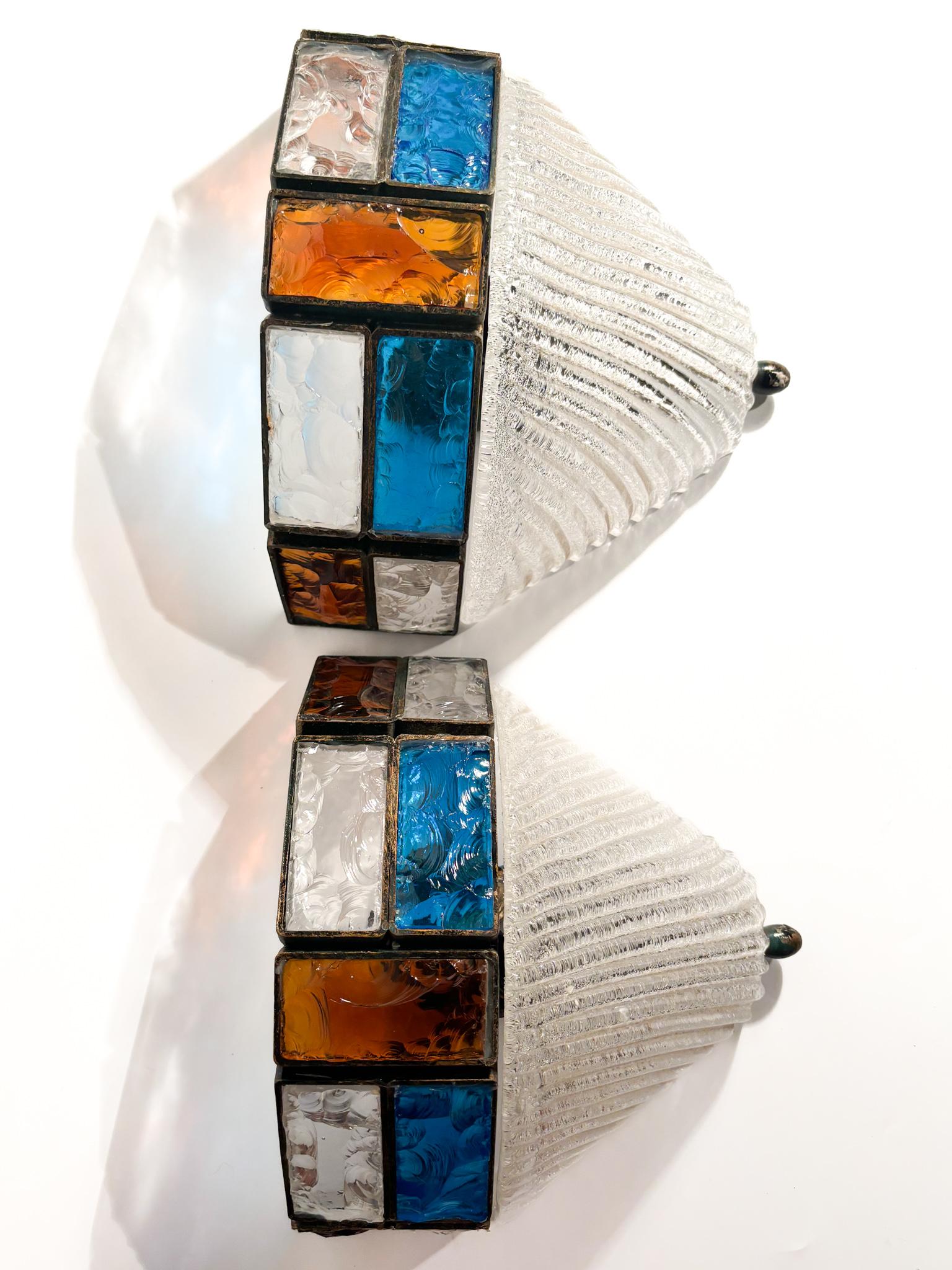 Mid-Century Modern Pair of Poliarte Longobard Wall Lights in Hammered Glass and Wrought Iron 1970s