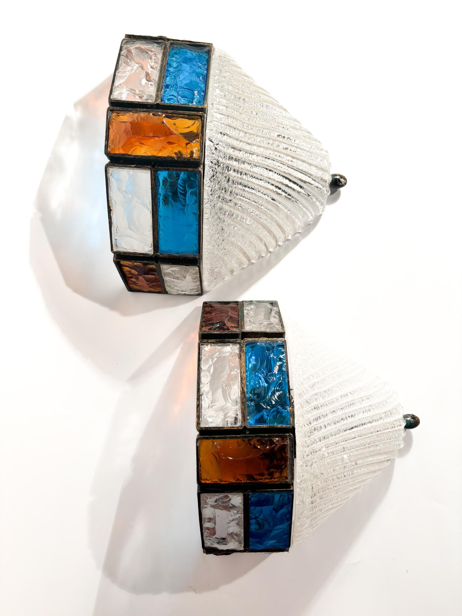 Italian Pair of Poliarte Longobard Wall Lights in Hammered Glass and Wrought Iron 1970s