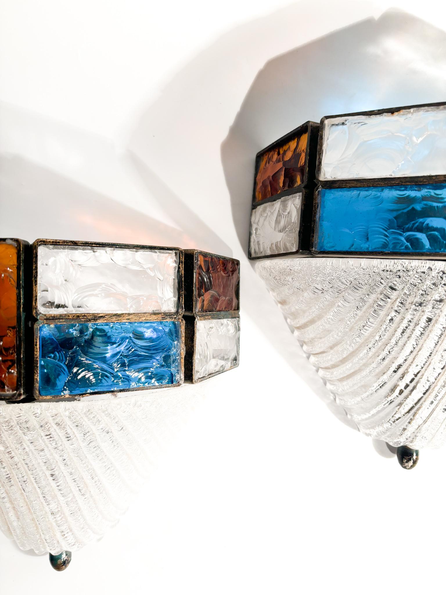 Pair of Poliarte Longobard Wall Lights in Hammered Glass and Wrought Iron 1970s In Good Condition In Milano, MI