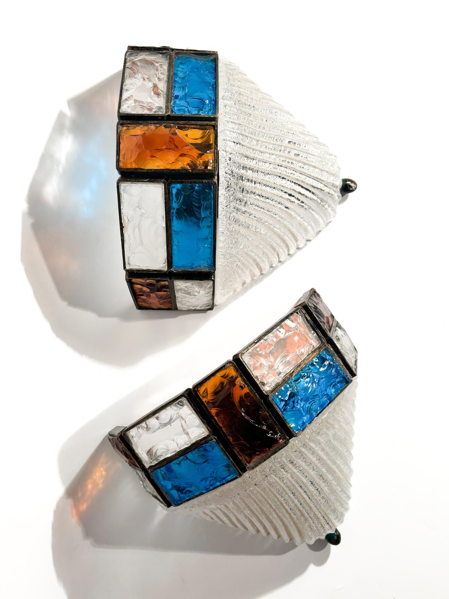 Late 20th Century Pair of Poliarte Longobard Wall Lights in Hammered Glass and Wrought Iron 1970s