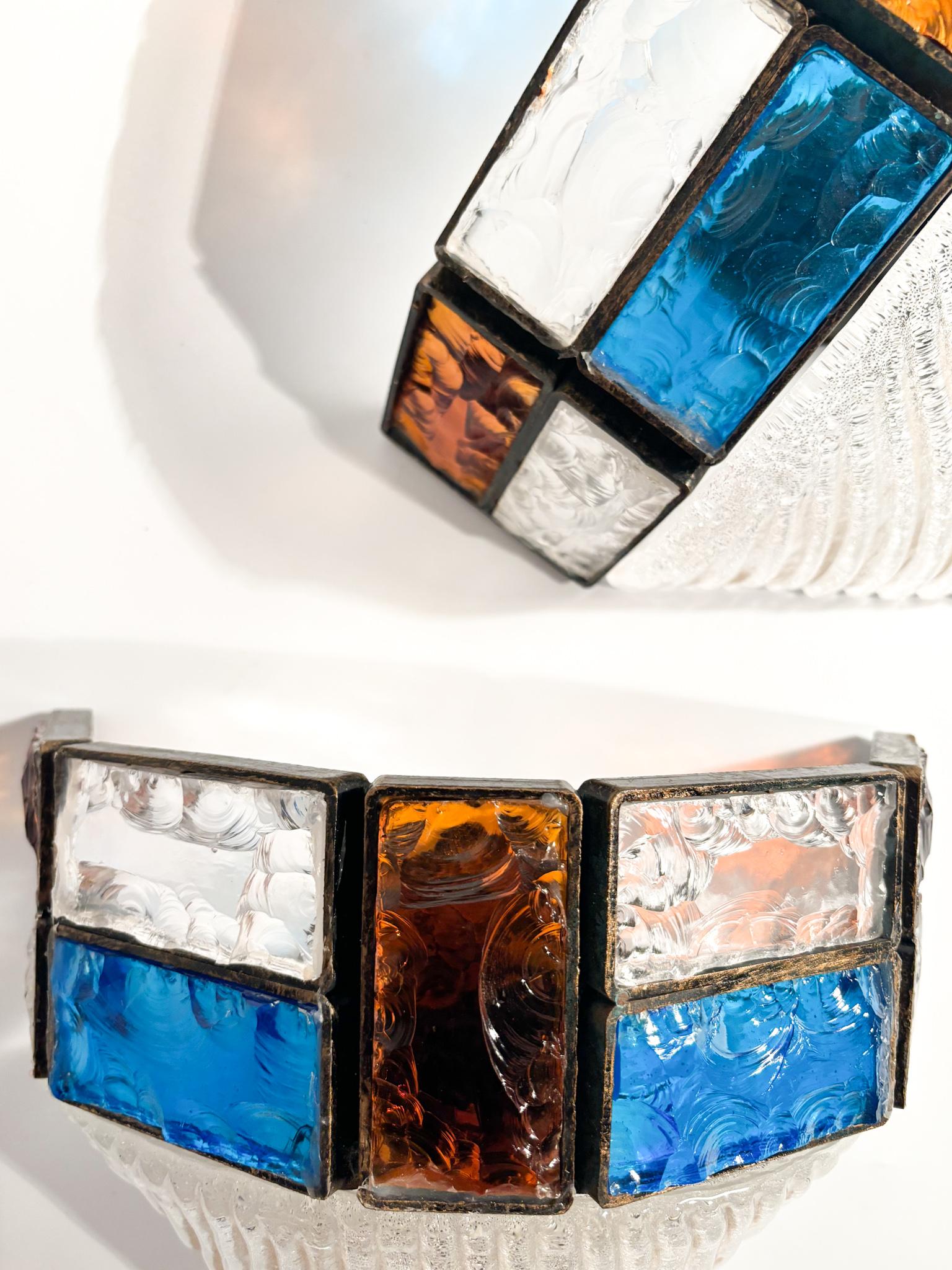 Pair of Poliarte Longobard Wall Lights in Hammered Glass and Wrought Iron 1970s 1