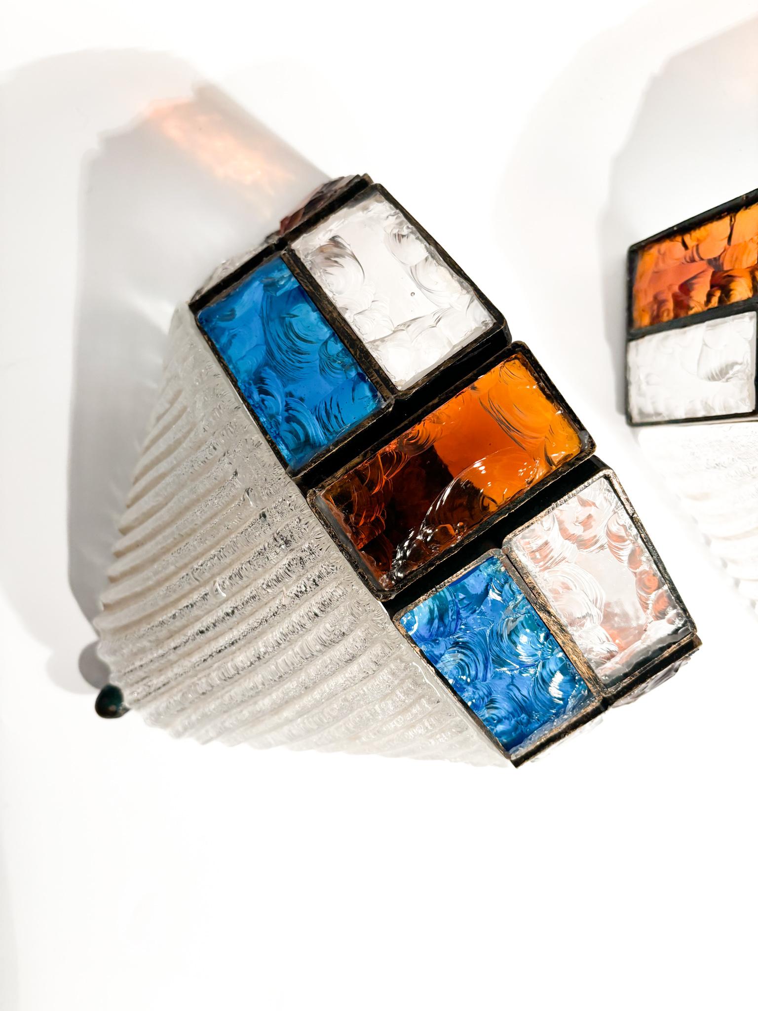 Pair of Poliarte Longobard Wall Lights in Hammered Glass and Wrought Iron 1970s 2