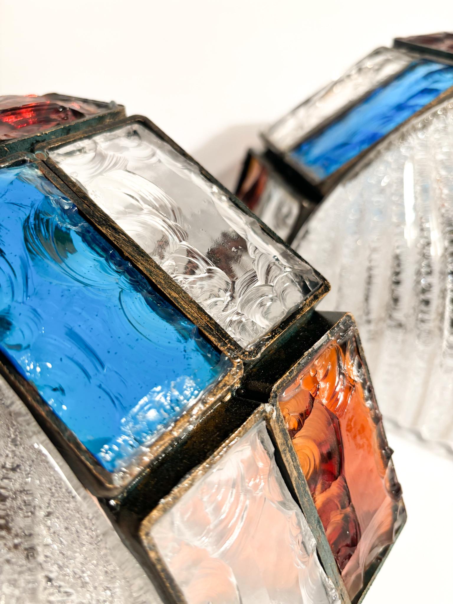 Pair of Poliarte Longobard Wall Lights in Hammered Glass and Wrought Iron 1970s 3