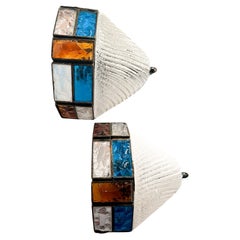 Pair of Poliarte Longobard Wall Lights in Hammered Glass and Wrought Iron 1970s