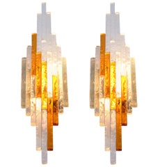 Pair of Poliarte Midcentury Italian Chiselled Glass Wall Light Sconces, 1960s
