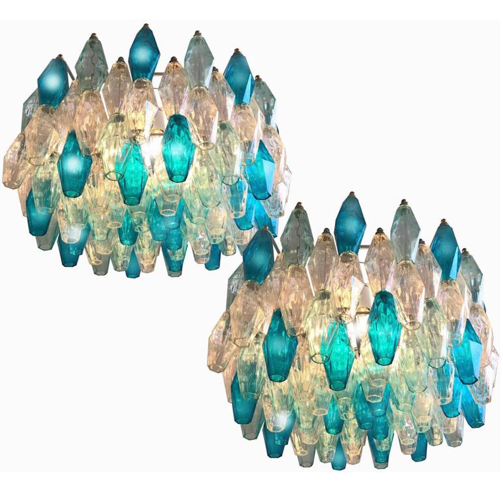 Pair of Poliedri Chandeliers Carlo Scarpa Style, Murano