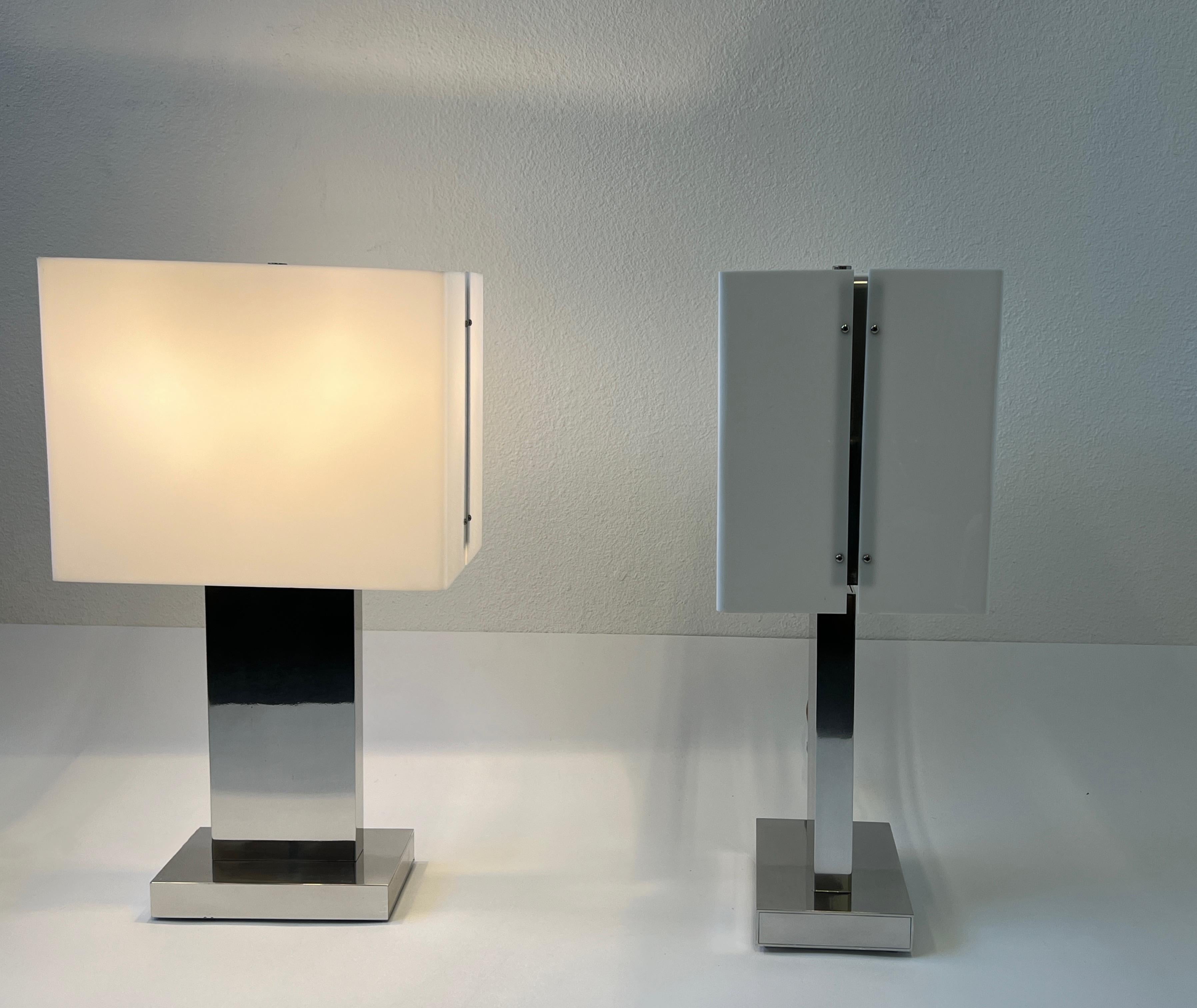 English Pair of Polish Aluminum and White Acrylic Table Lamps by Paul Mayen