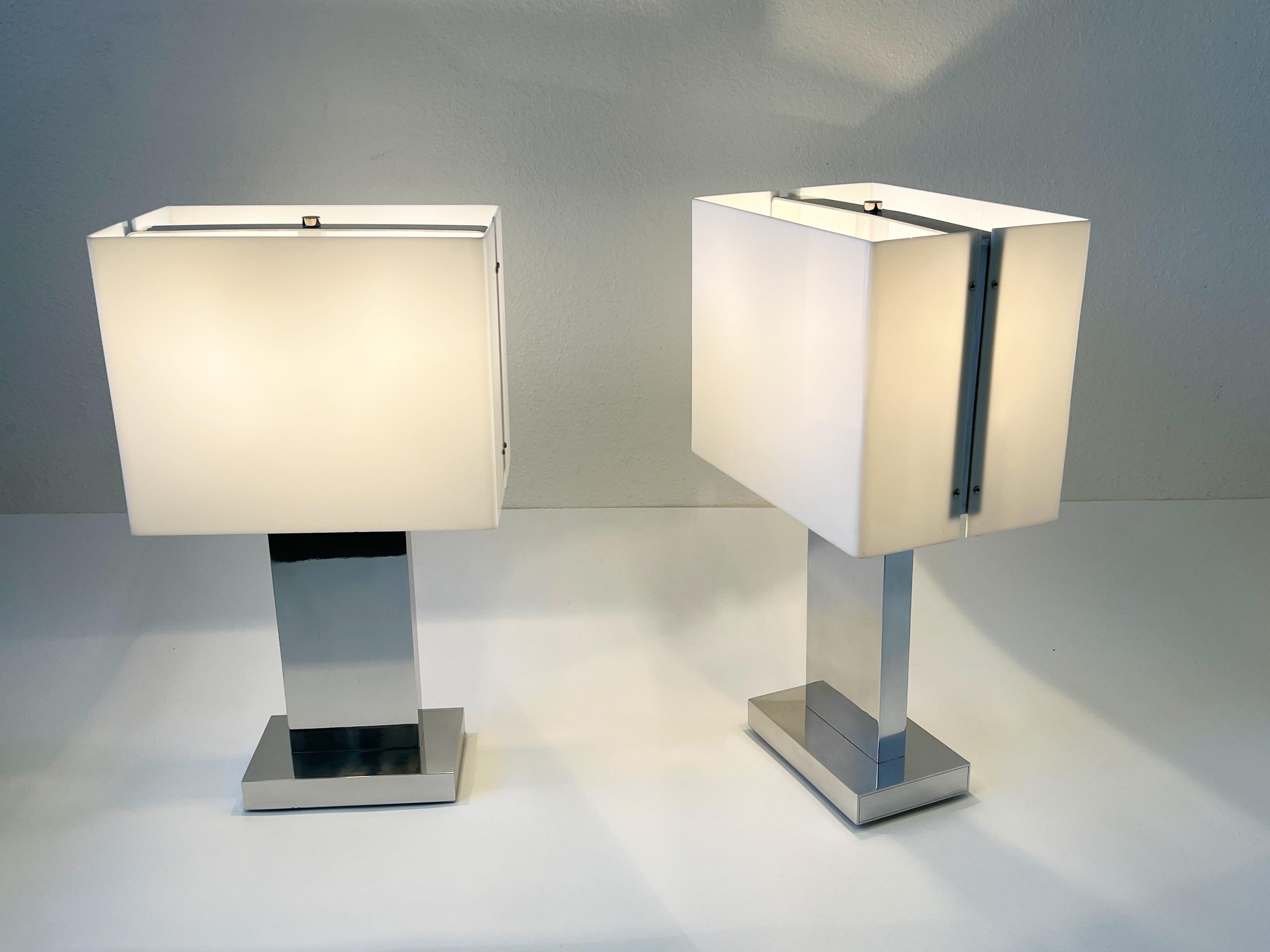 Pair of Polish Aluminum and White Acrylic Table Lamps by Paul Mayen 1