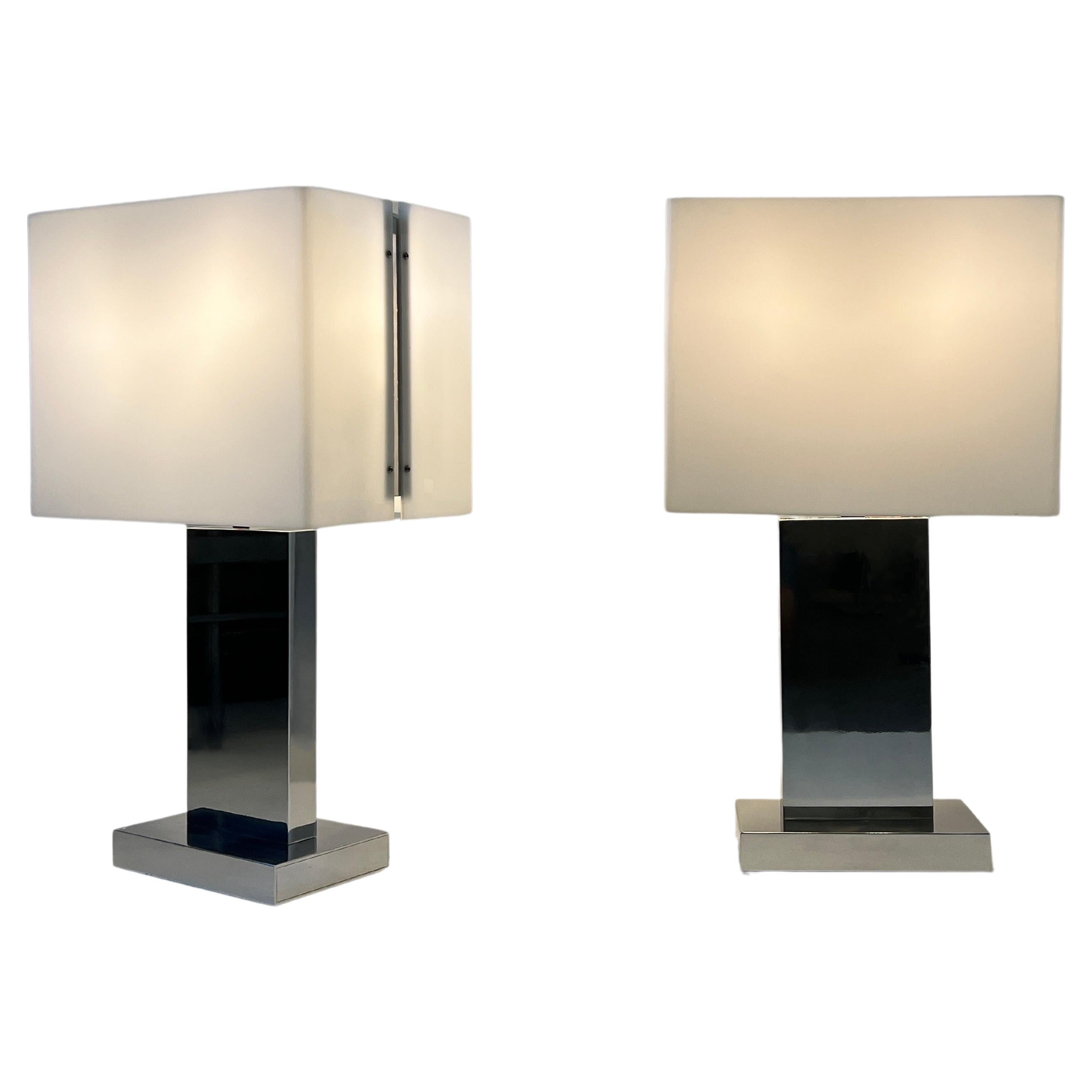 Pair of Polish Aluminum and White Acrylic Table Lamps by Paul Mayen