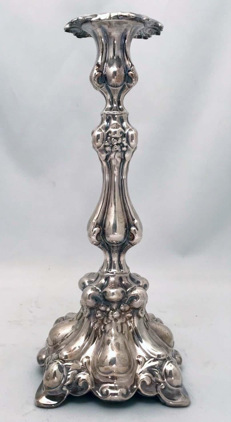 Hand-Crafted Pair of Polish Baroque Style Silver Plated Candlesticks  For Sale