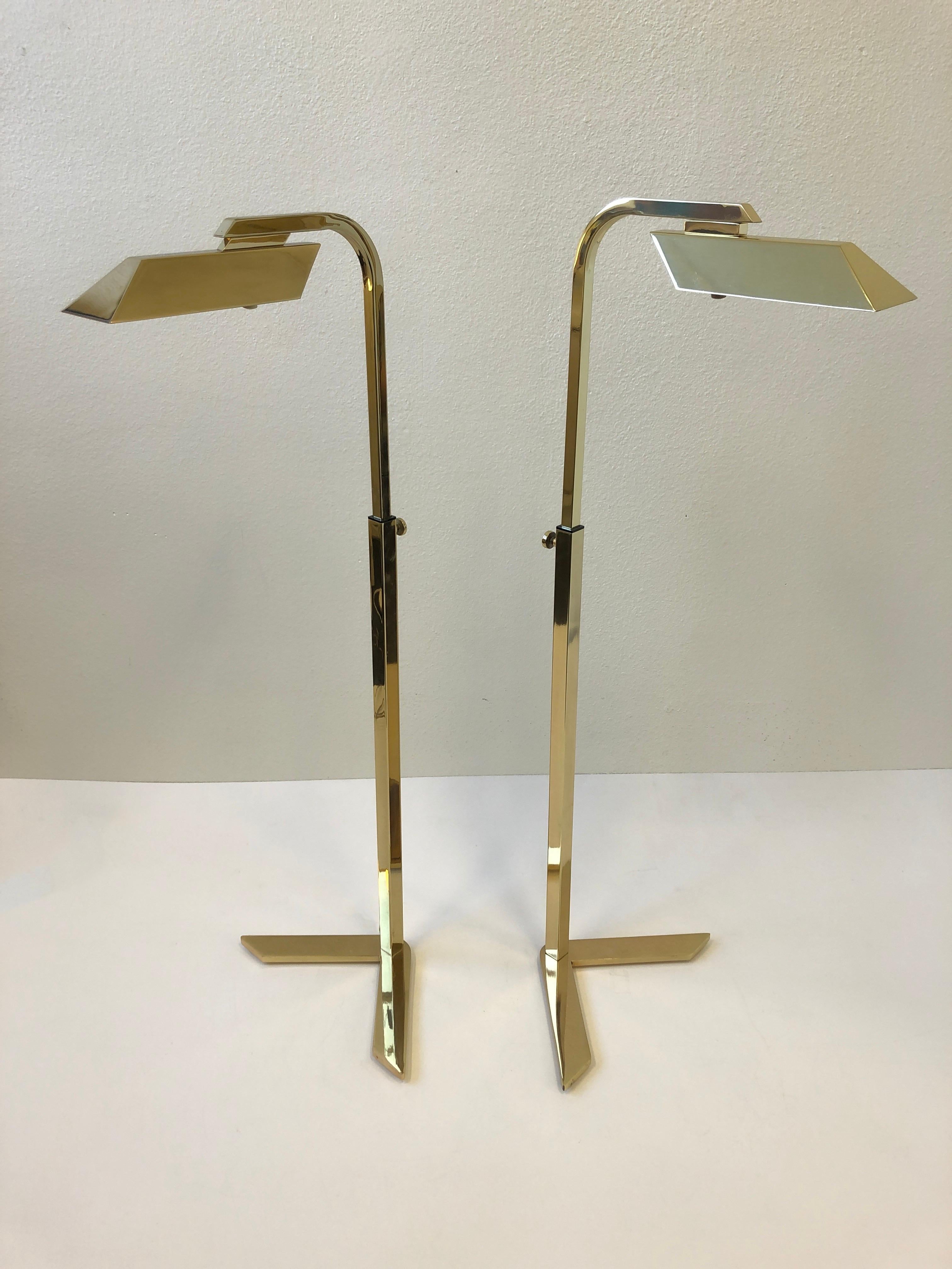 Polished Pair of Polish Brass Adjustable Floor Lamps by Charles Hollis Jones