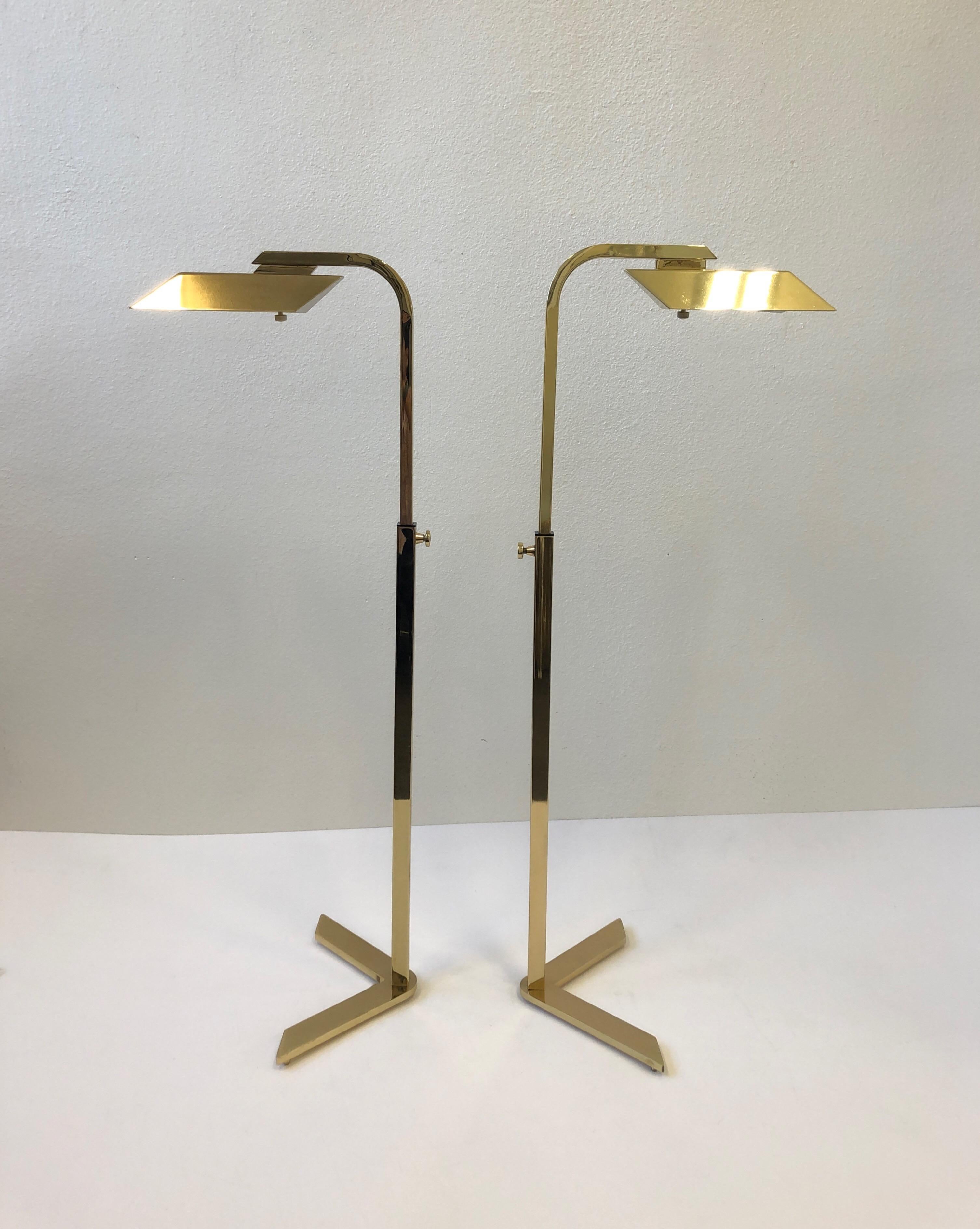 Late 20th Century Pair of Polish Brass Adjustable Floor Lamps by Charles Hollis Jones