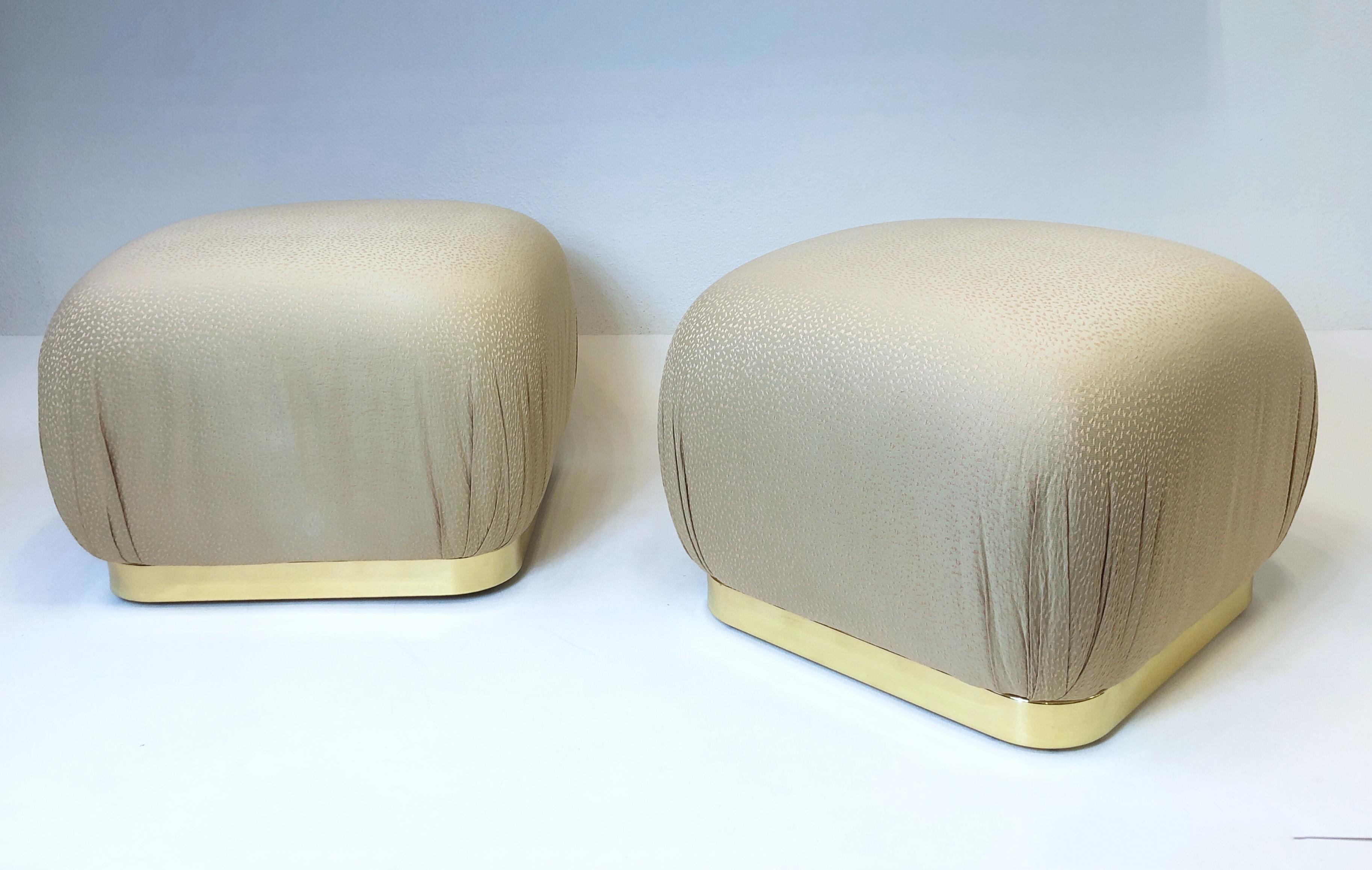 Modern Pair of Polish Brass and Fabric Poufs by Weiman Company For Sale