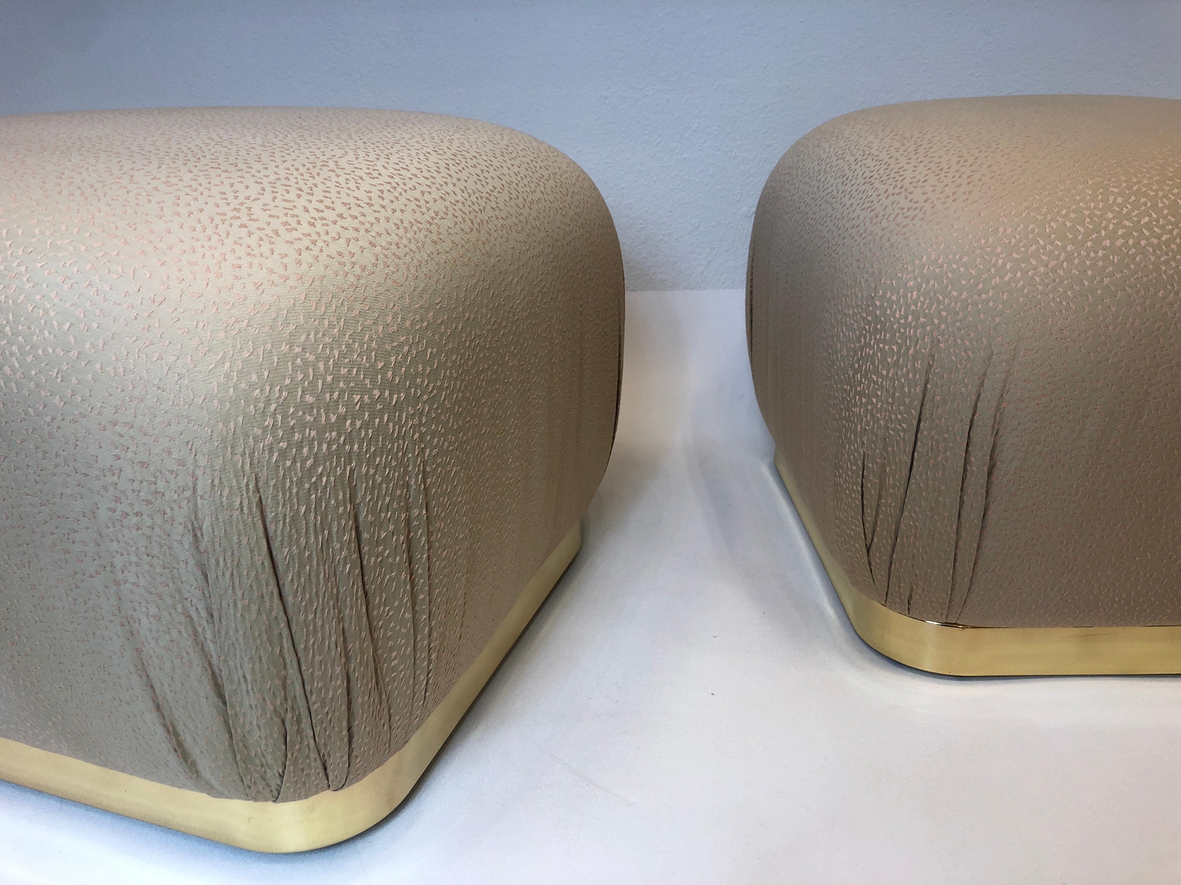 American Pair of Polish Brass and Fabric Poufs by Weiman Company For Sale