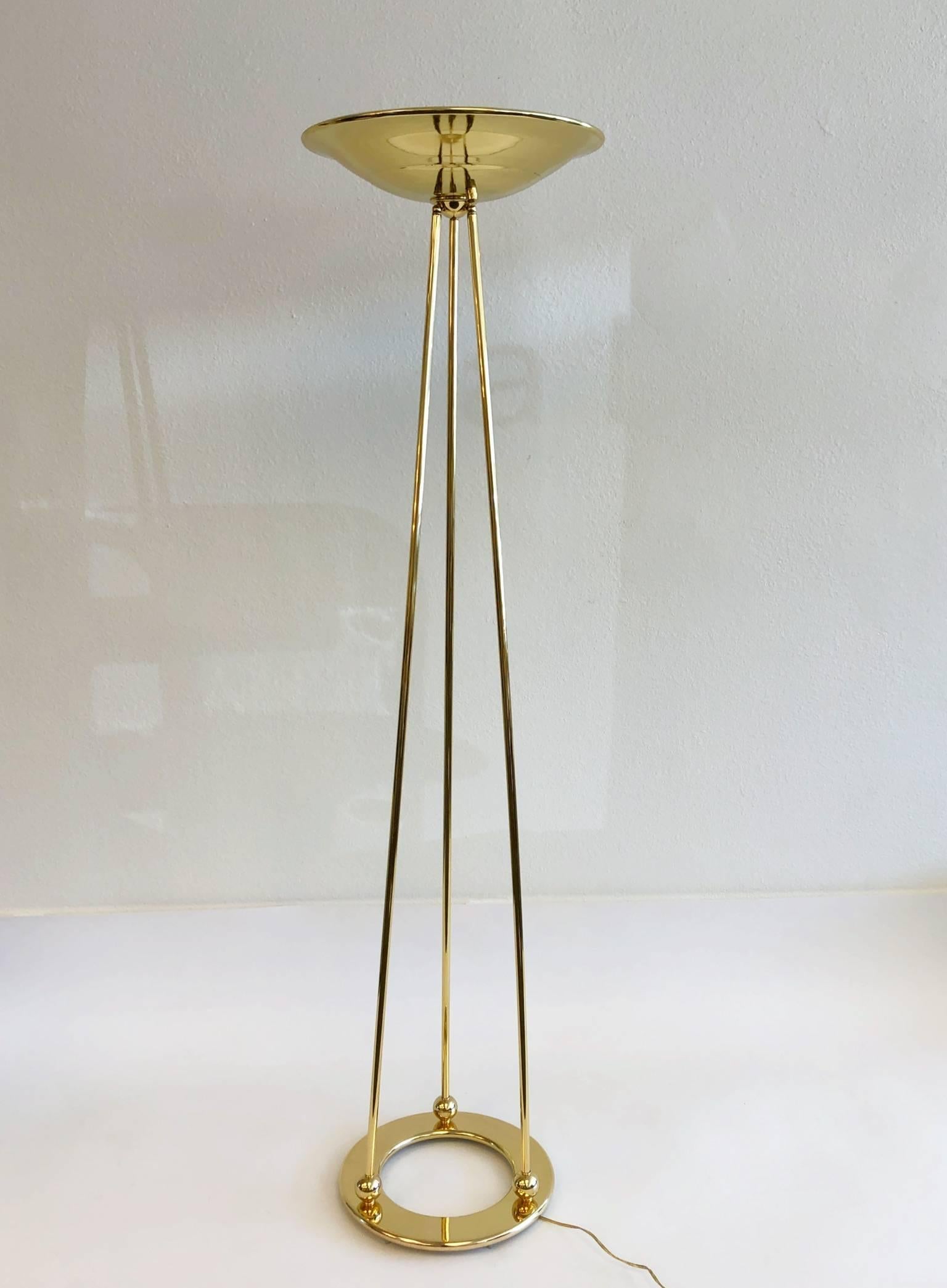 Modern Pair of Polish Brass Torchiere Floor Lamps by Casella For Sale