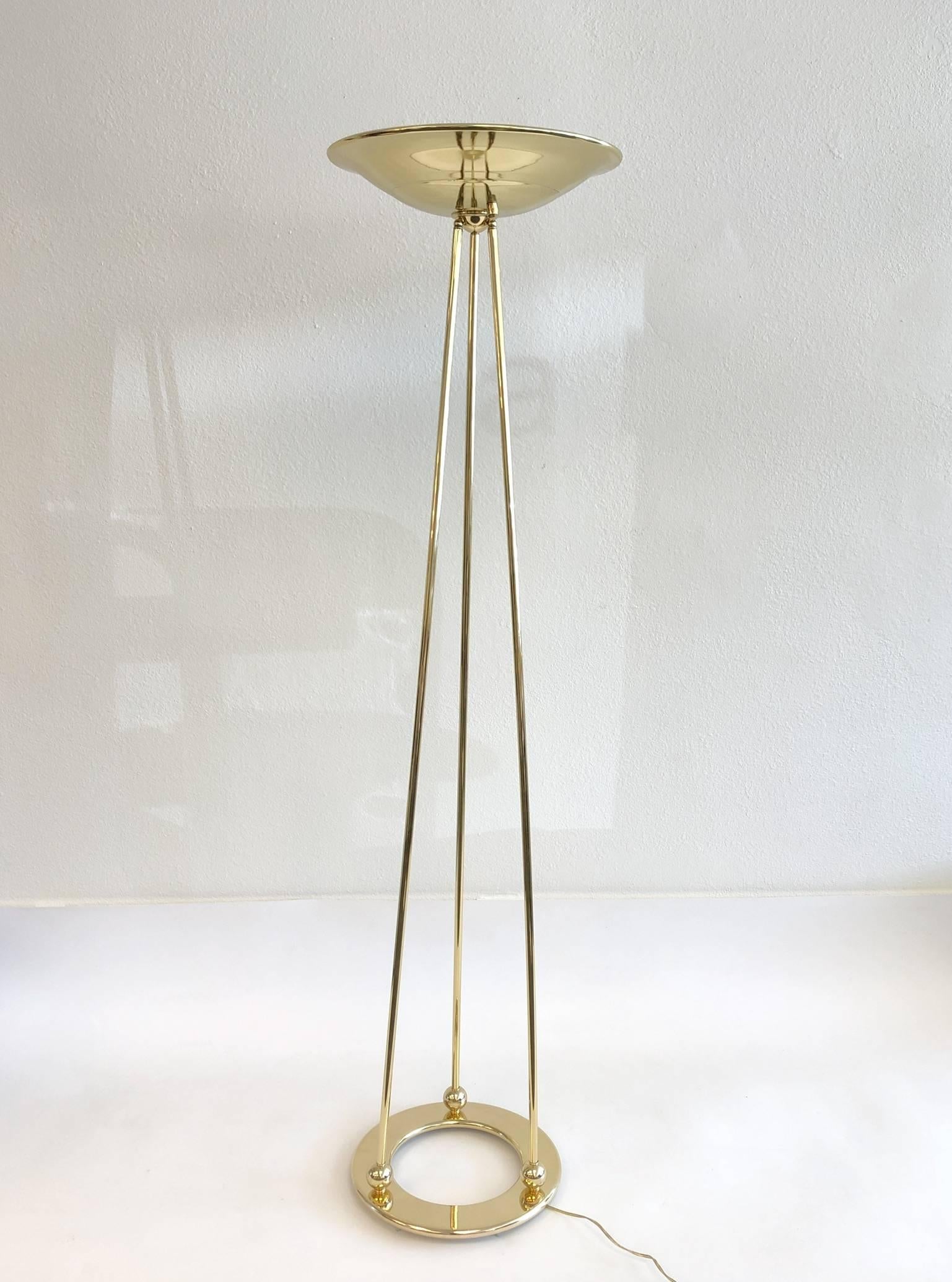 American Pair of Polish Brass Torchiere Floor Lamps by Casella For Sale