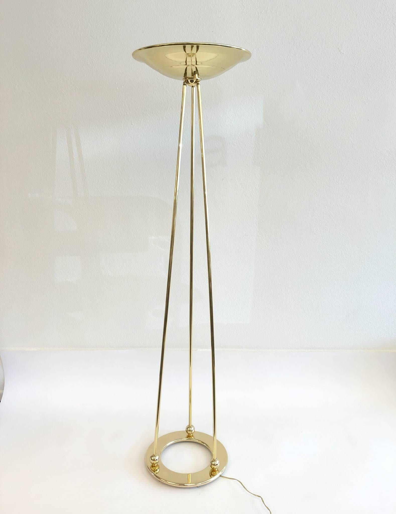 Polished Pair of Polish Brass Torchiere Floor Lamps by Casella For Sale