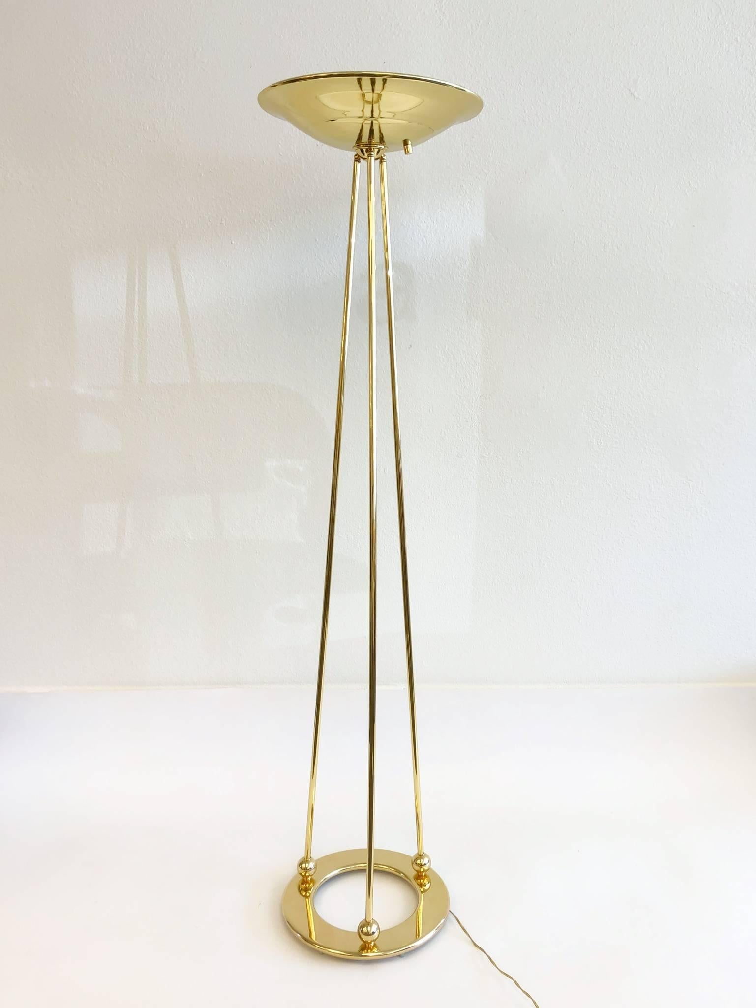 Pair of Polish Brass Torchiere Floor Lamps by Casella For Sale 2