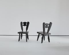 Pair of Polish Brutalist Gouged Pine Ebonized Chairs