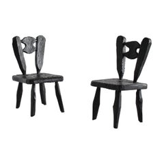 Pair of Polish Brutalist Gouged Pine Ebonized Chairs