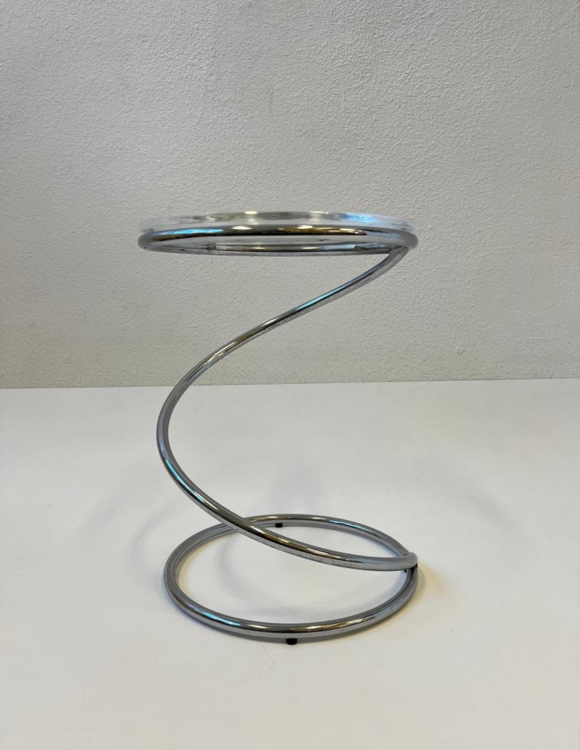 Polish chrome and new 3/4” thick lucite top occasional tables designed by Leon Rosen for Pace in the 1970s.
The frame is in original condition, shows minor wear consistent with age. 

Dim: 14” Diameter, 18.75” High. 