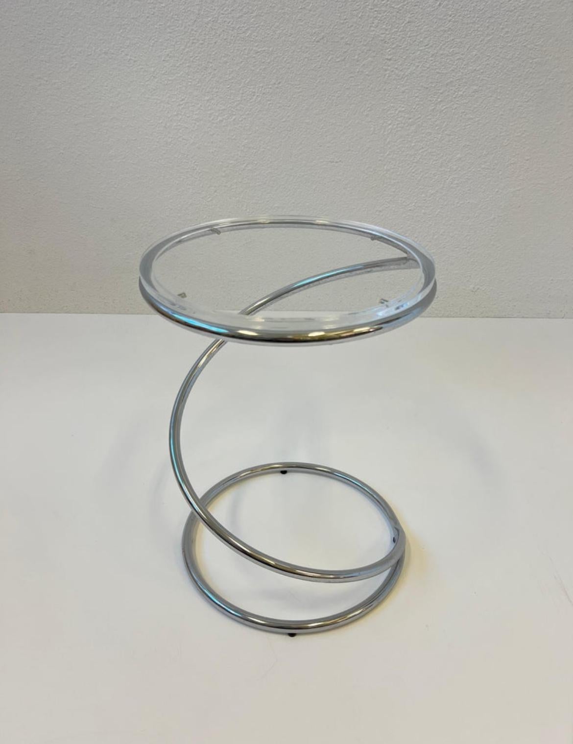Modern Polish Chrome and Lucite Spring Side Table by Leon Rosen for Pace