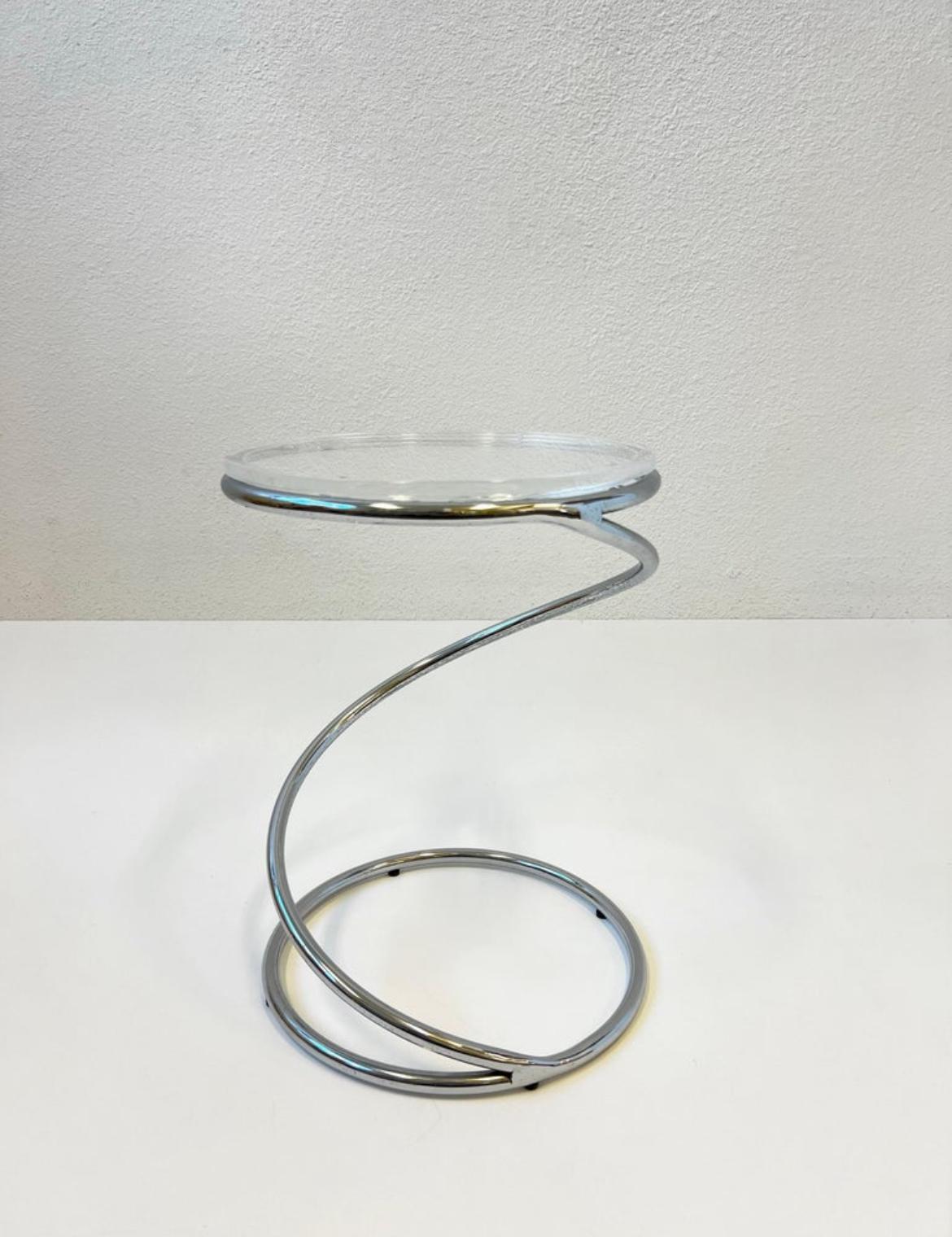 Hand-Crafted Polish Chrome and Lucite Spring Side Table by Leon Rosen for Pace