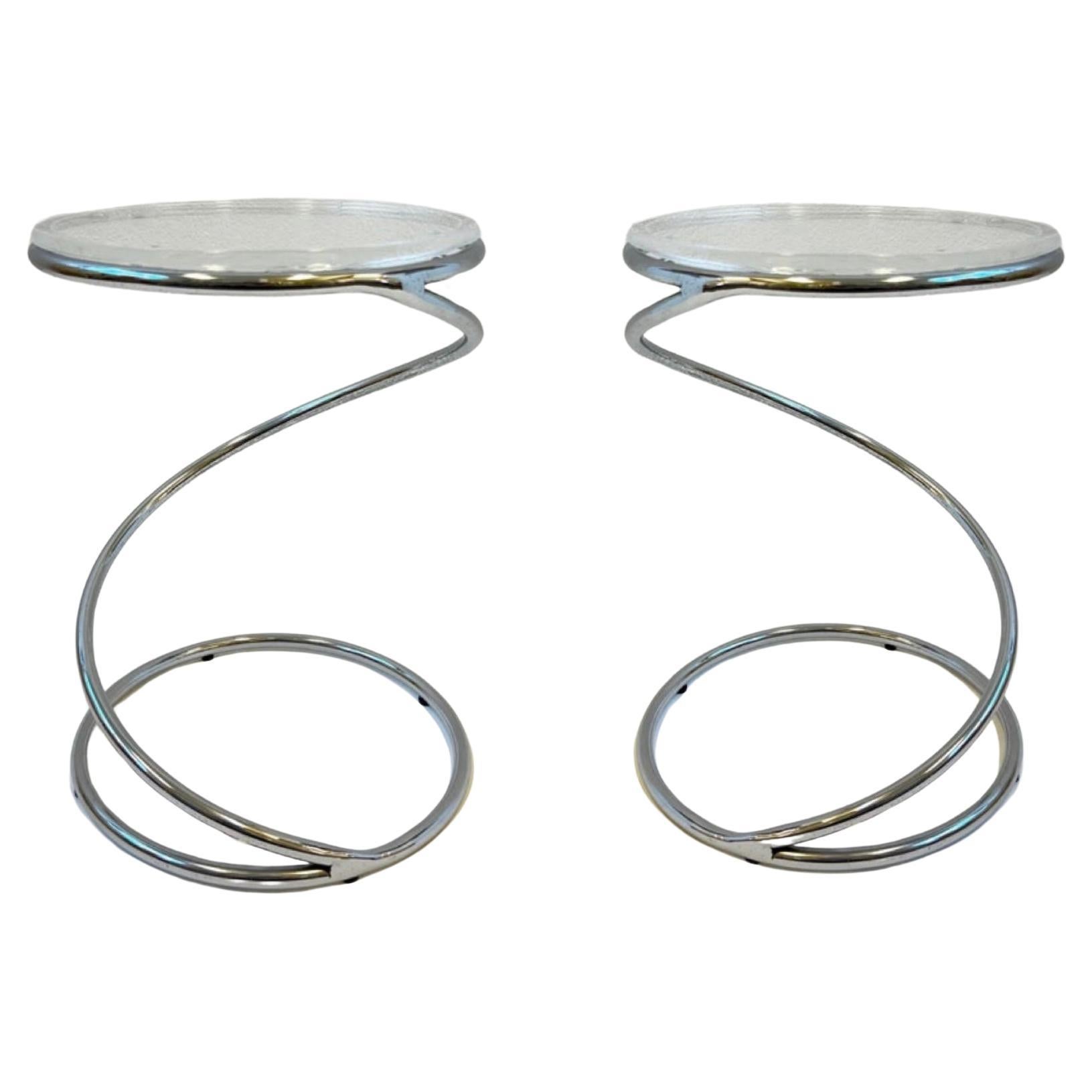 Pair of Polish Chrome and Lucite Side Table by Leon Rosen for Pace