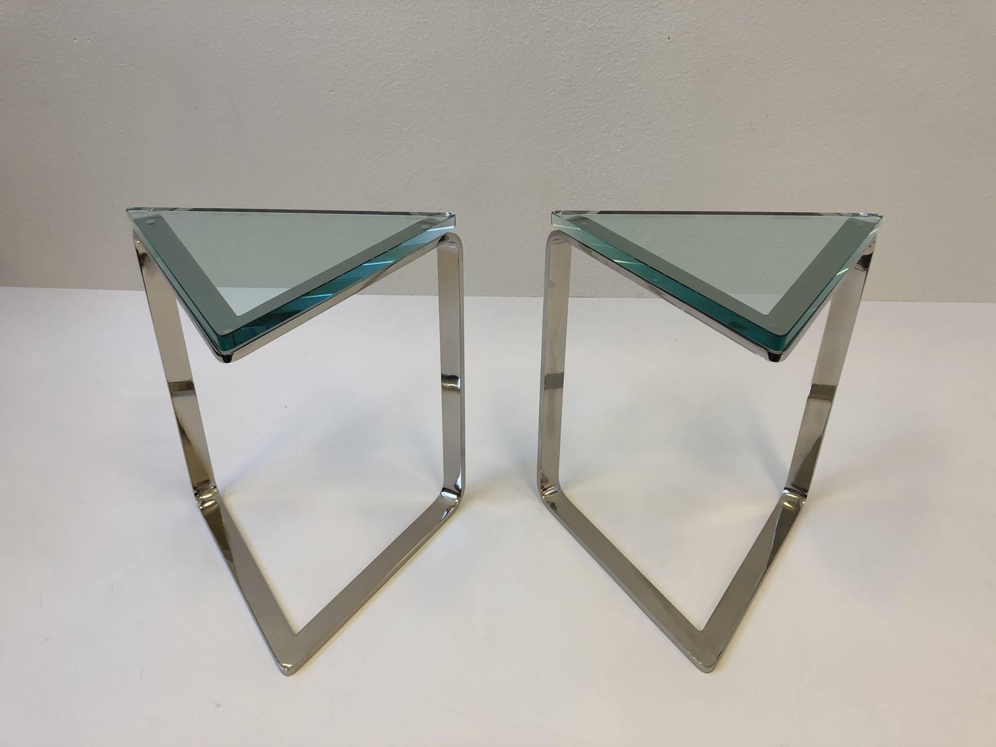 Modern Pair of Polish Nickel and Glass Triangular Shape Side Tables