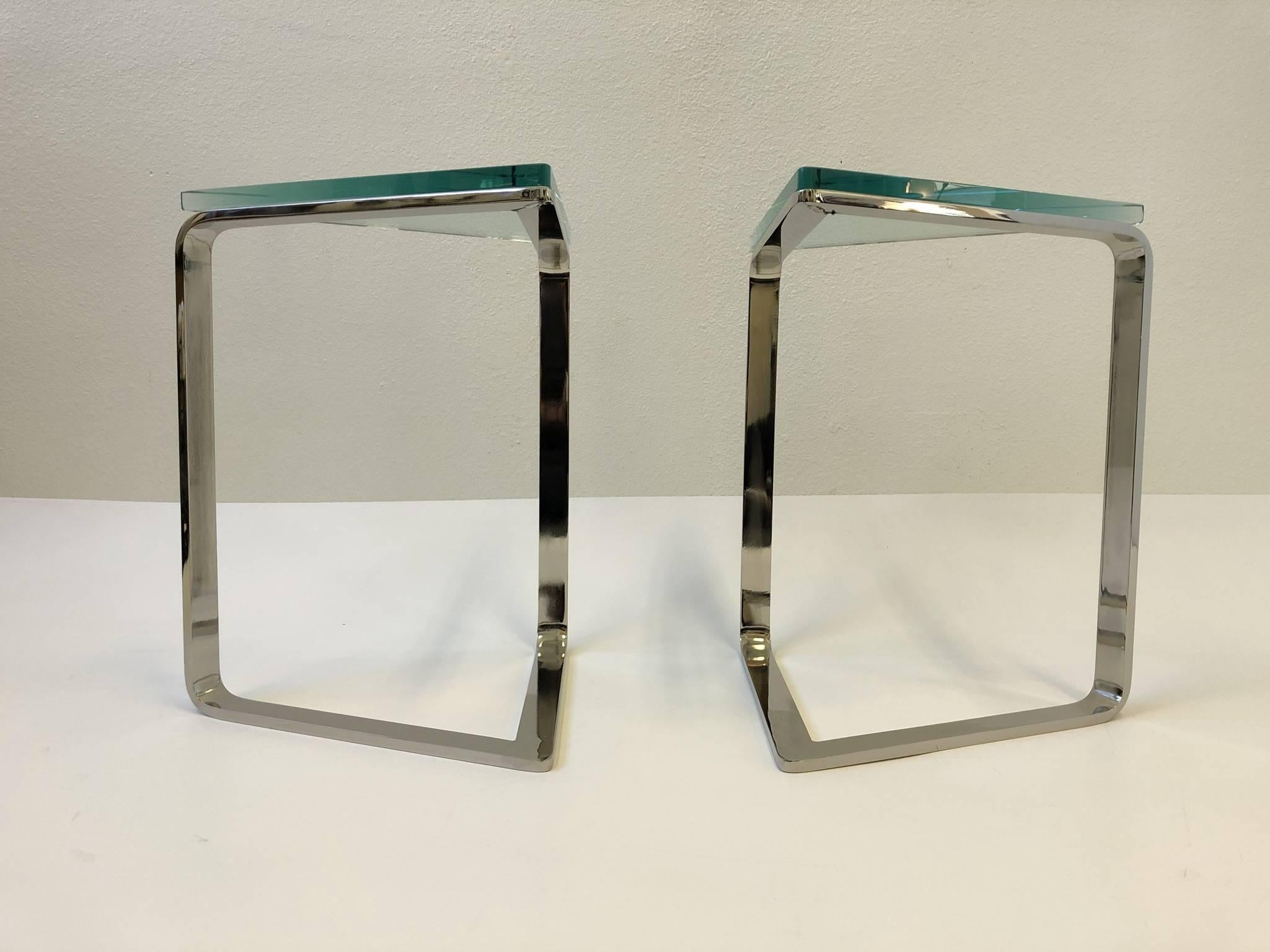 American Pair of Polish Nickel and Glass Triangular Shape Side Tables
