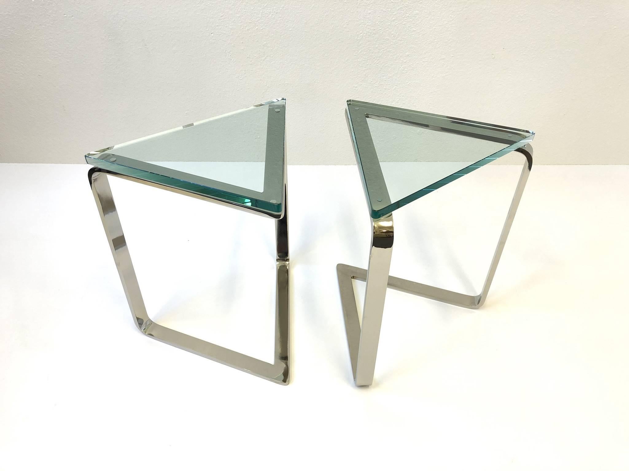 Polished Pair of Polish Nickel and Glass Triangular Shape Side Tables